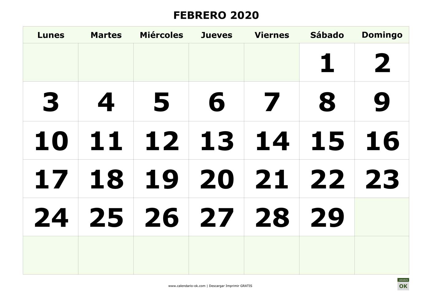 FEBRERO 2020 con NUMEROS GRANDES