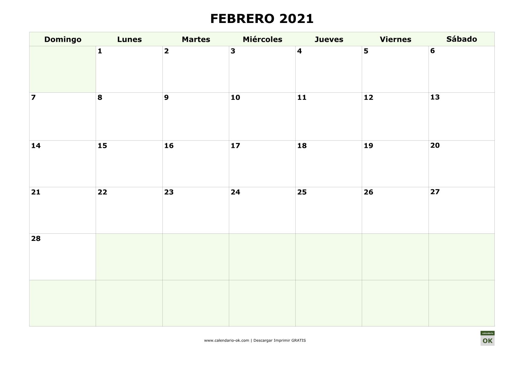 Plantilla Calendario (FEBRERO 2021) para IMPRIMIR PDF.