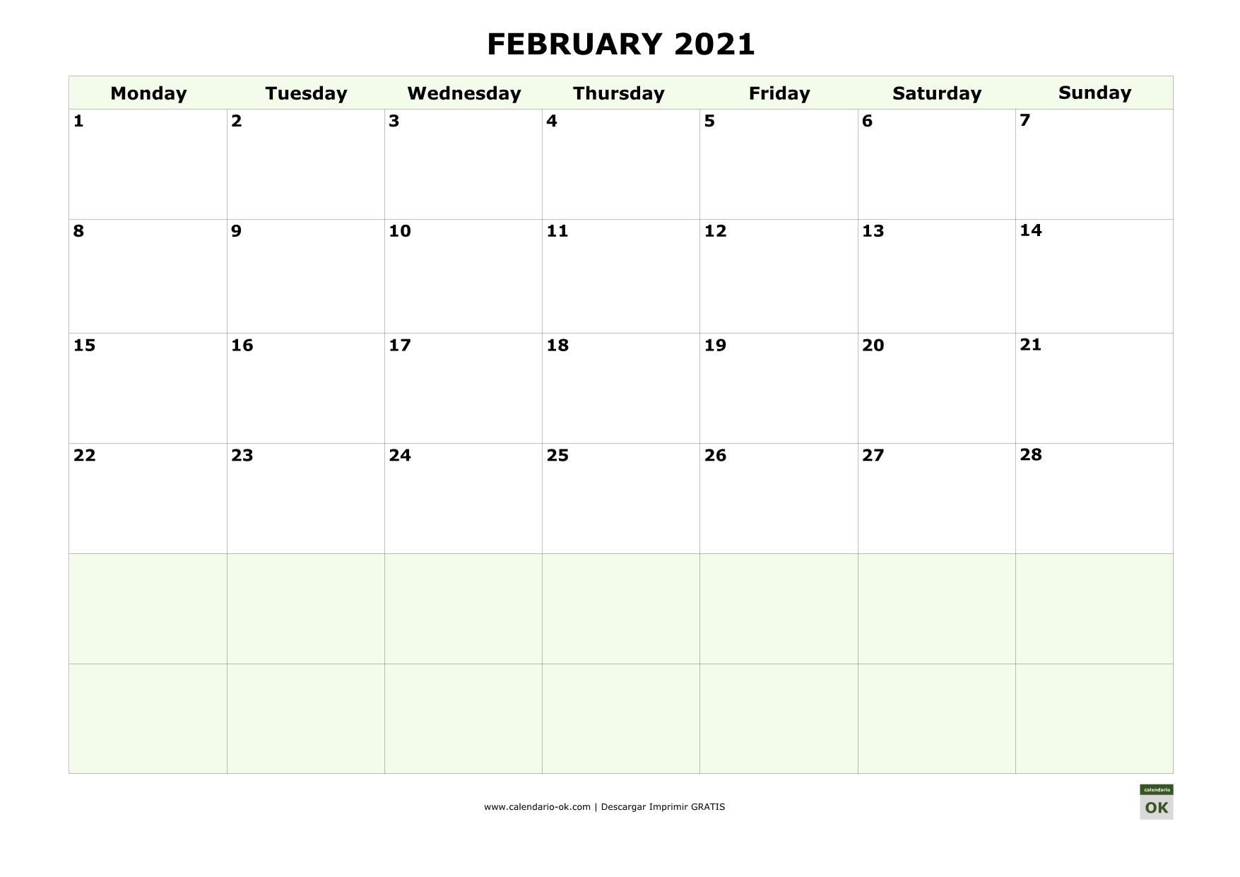 FEBRERO 2021 calendario en INGLES