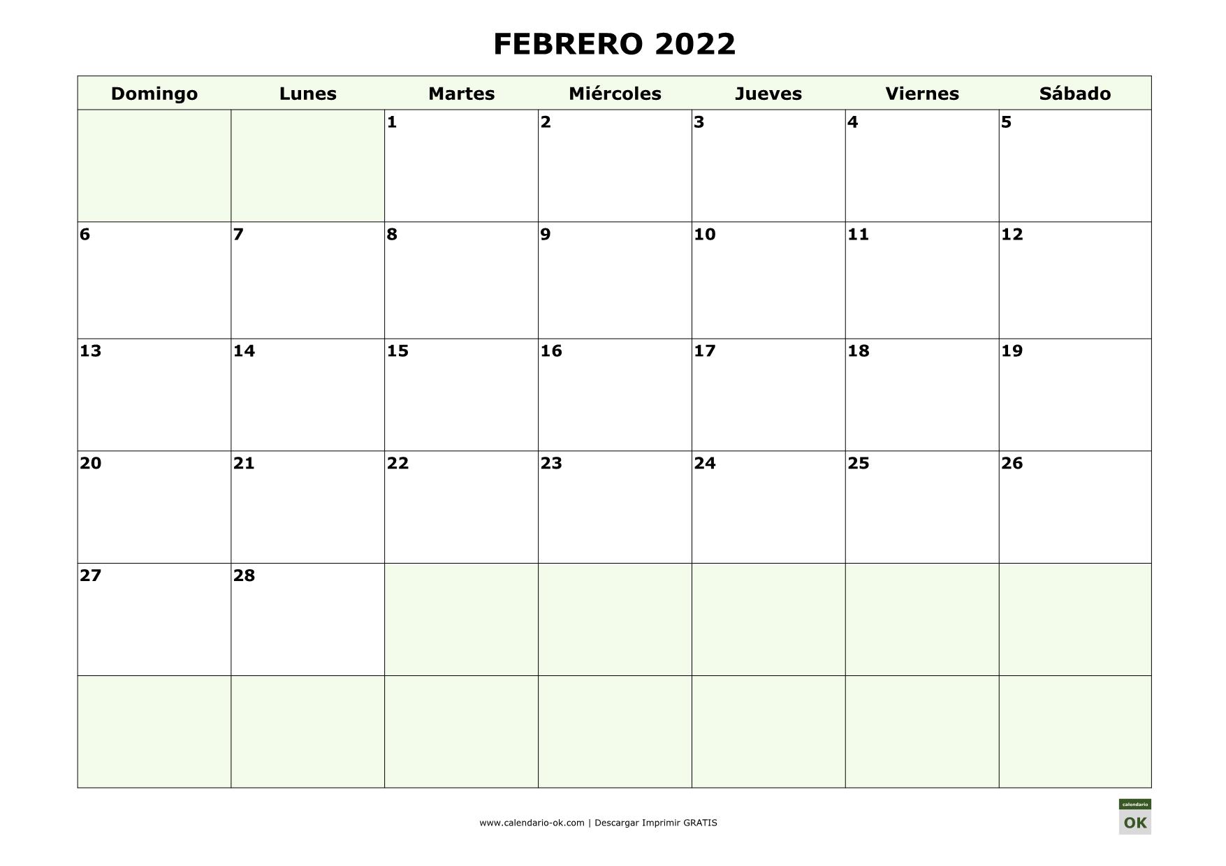FEBRERO 2022 empieza por DOMINGO
