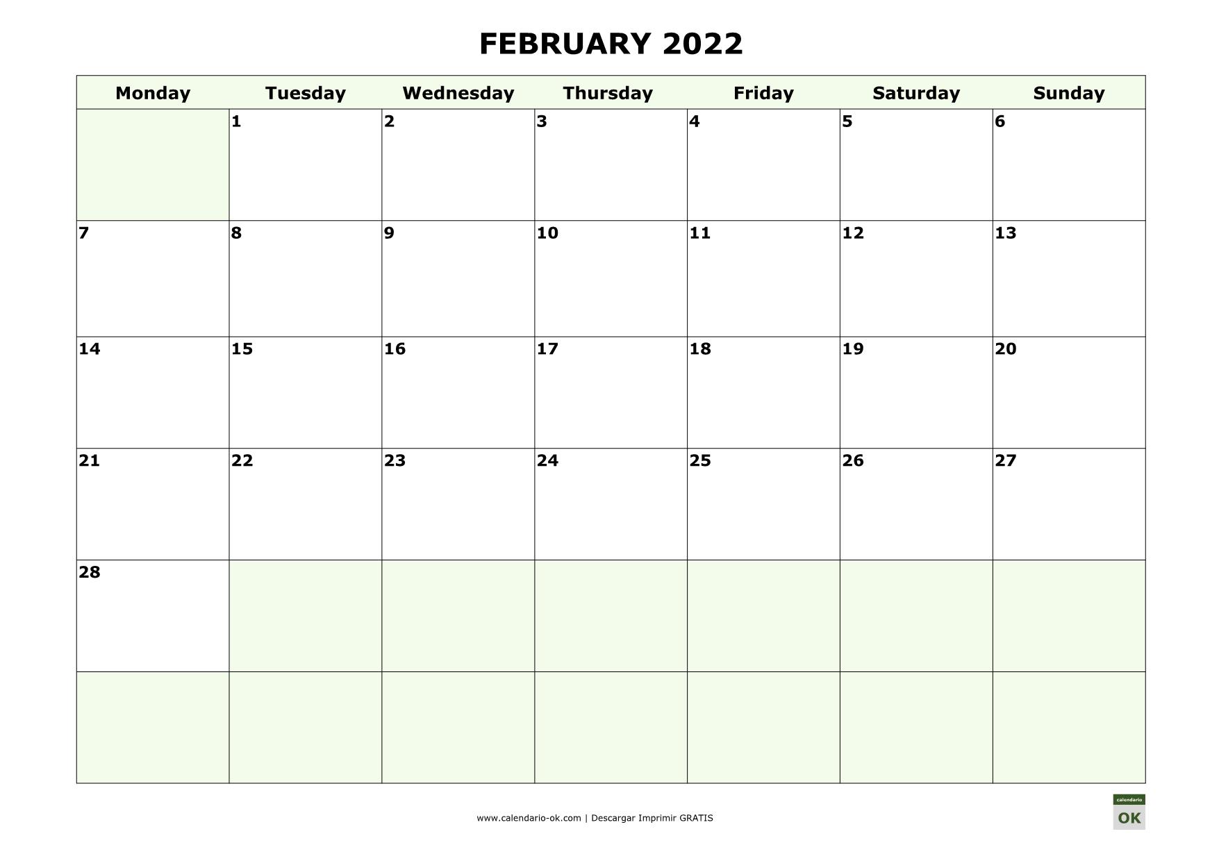 FEBRERO 2022 calendario en INGLES