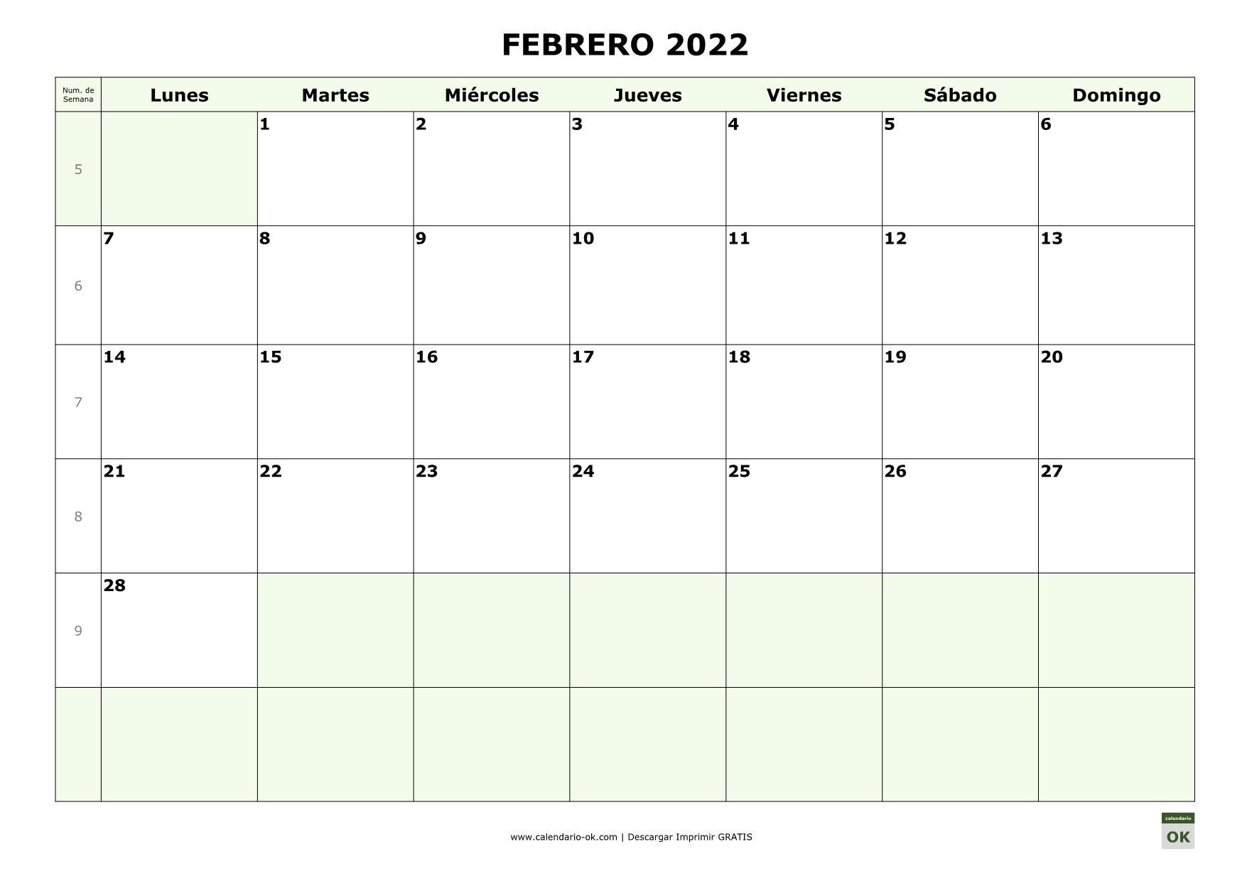 FEBRERO 2022 con Numero de Semana