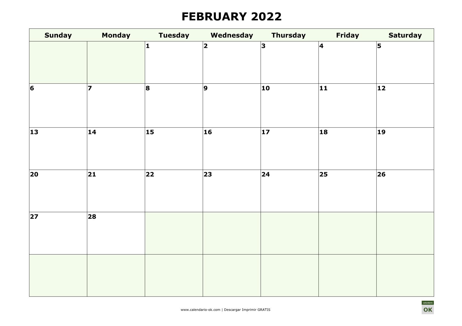 FEBRERO 2022 calendario en INGLES empieza por DOMINGO