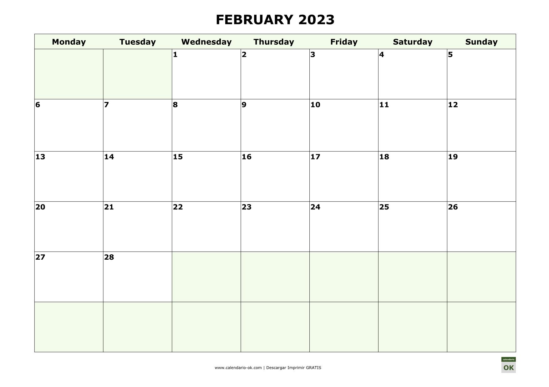 FEBRERO 2023 calendario en INGLES
