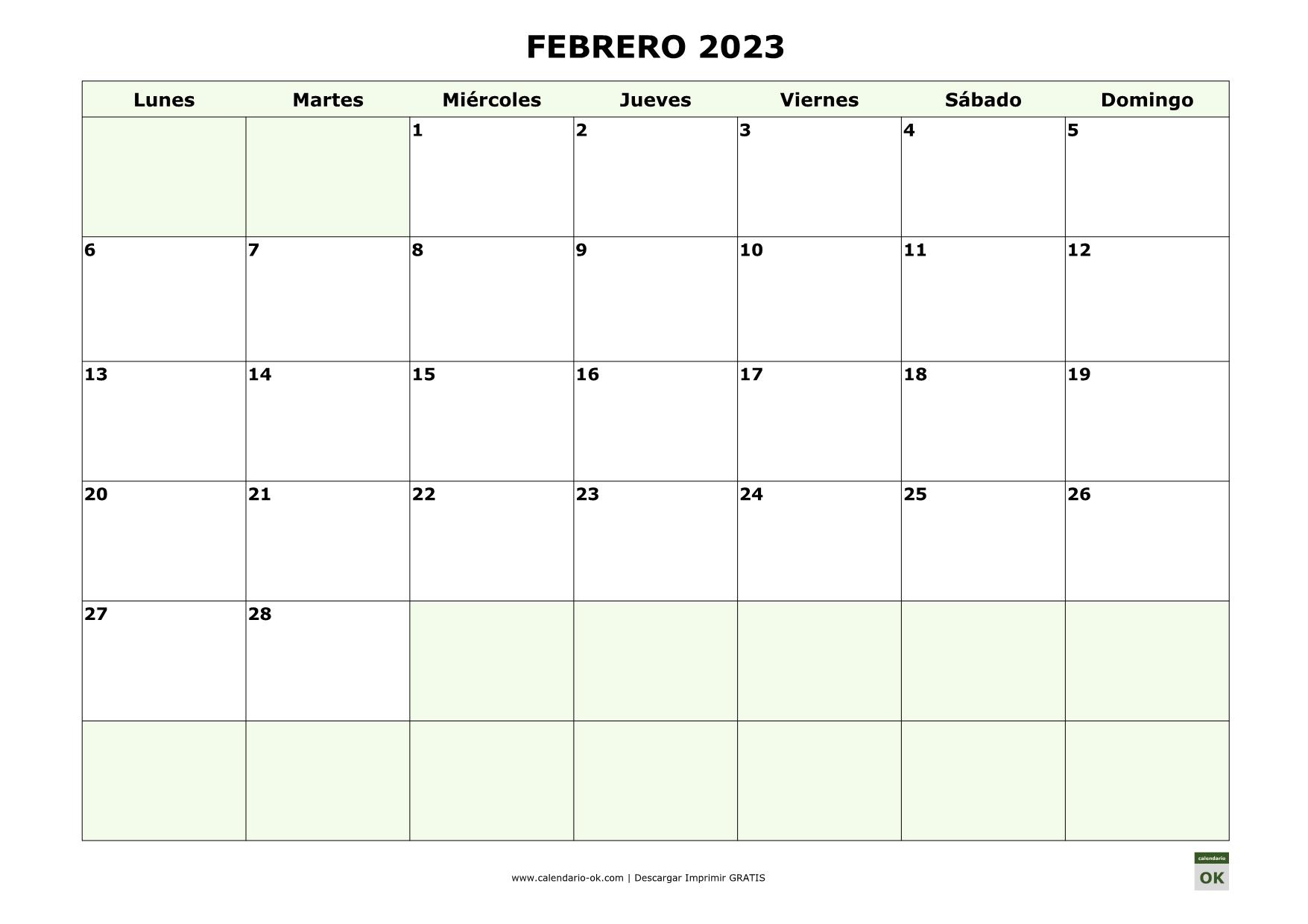 Mes De Febrero 2023 ▷ Plantilla Calendario 【FEBRERO 2023】 para IMPRIMIR PDF