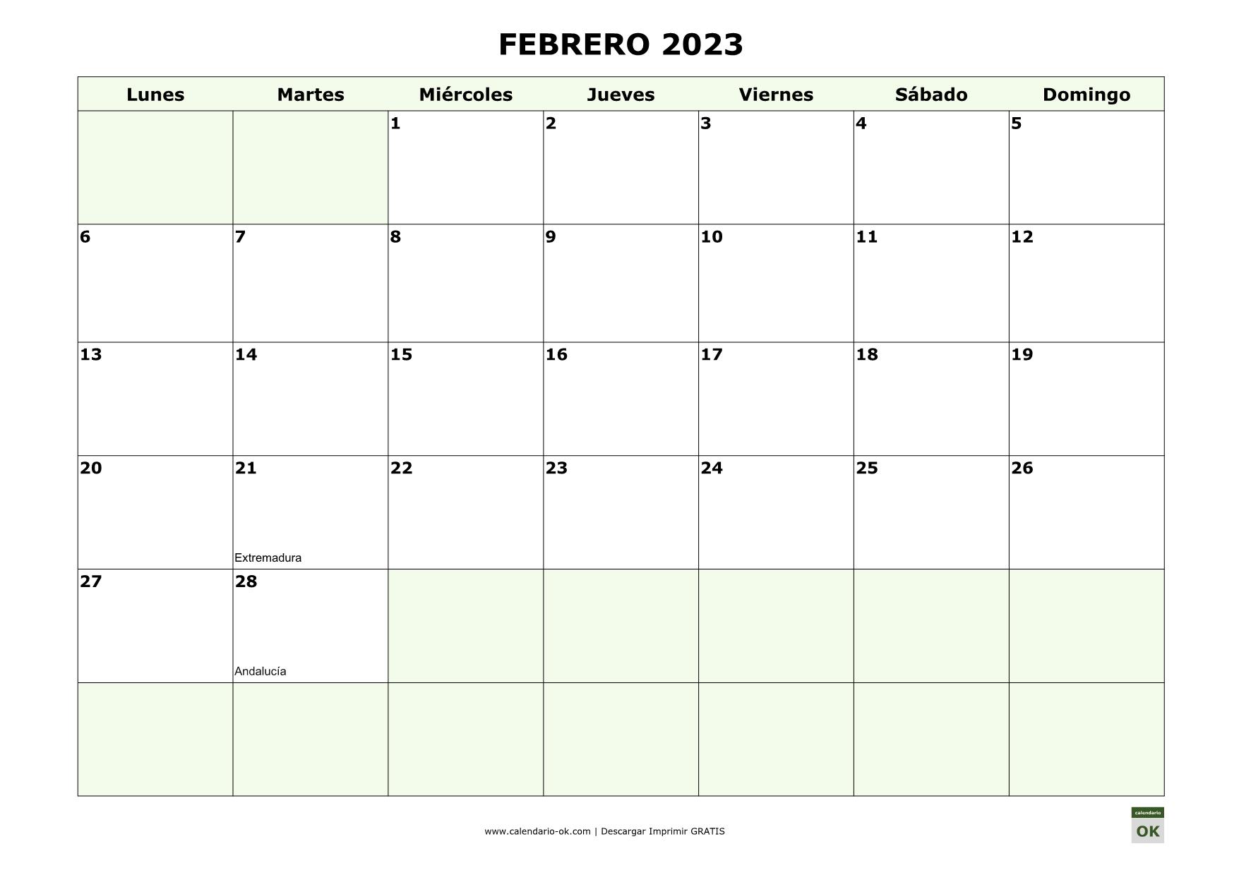 FEBRERO 2023 con días FESTIVOS DE COMUNIDADES AUTONOMAS