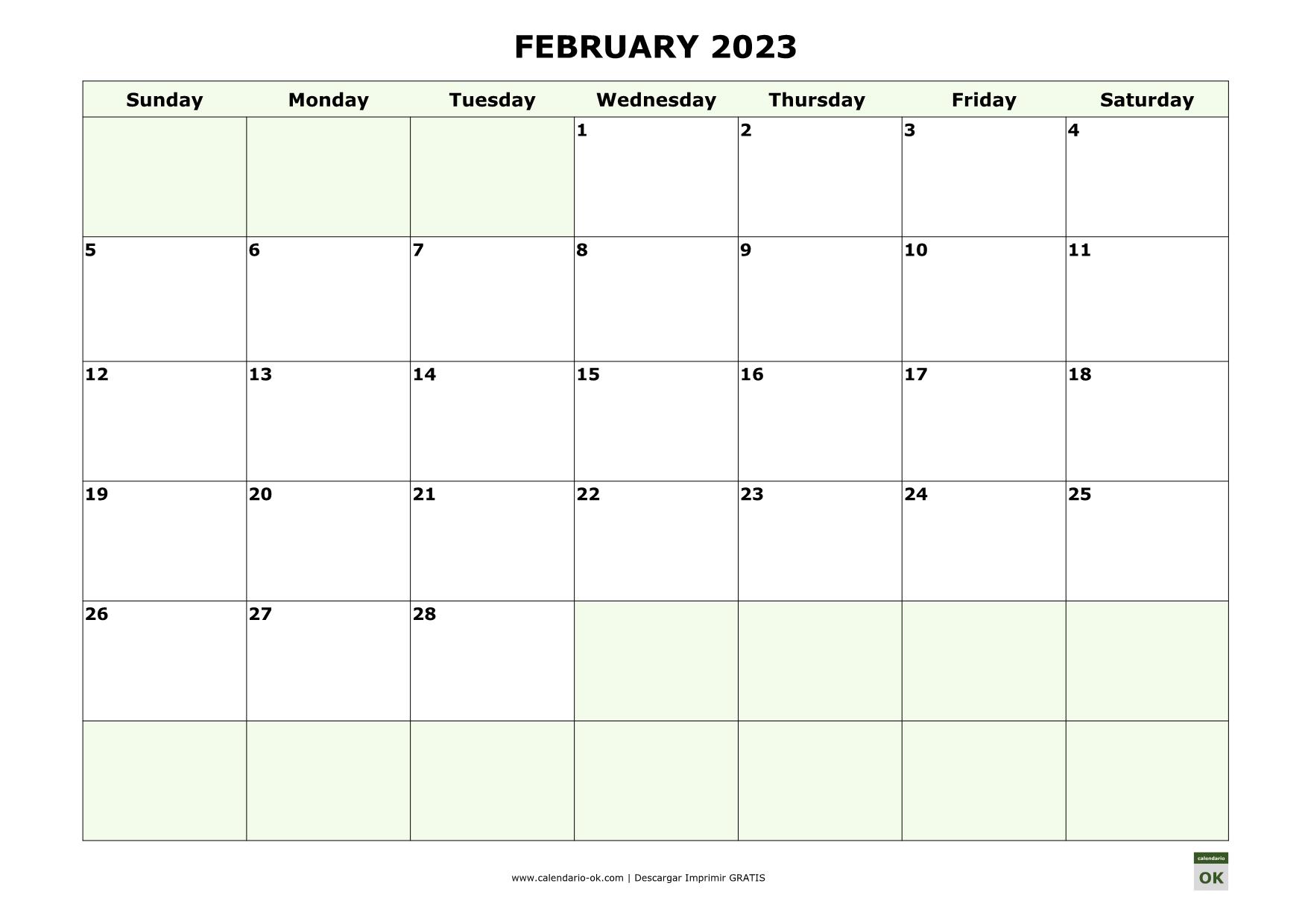 FEBRERO 2023 calendario en INGLES empieza por DOMINGO