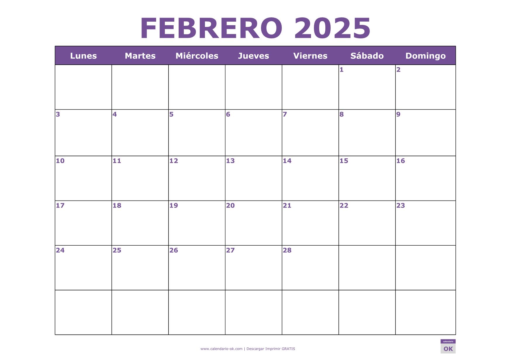 Calendario 【FEBRERO 2025】 Colorido para Imprimir en PDF y Word Editable