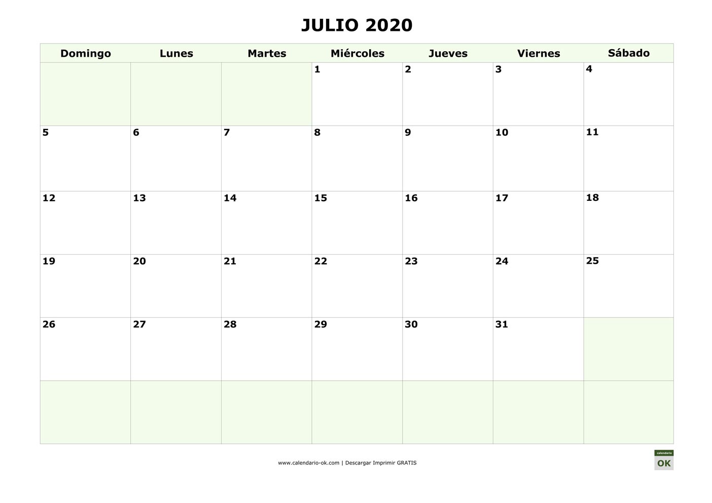 JULIO 2020 empieza por DOMINGO