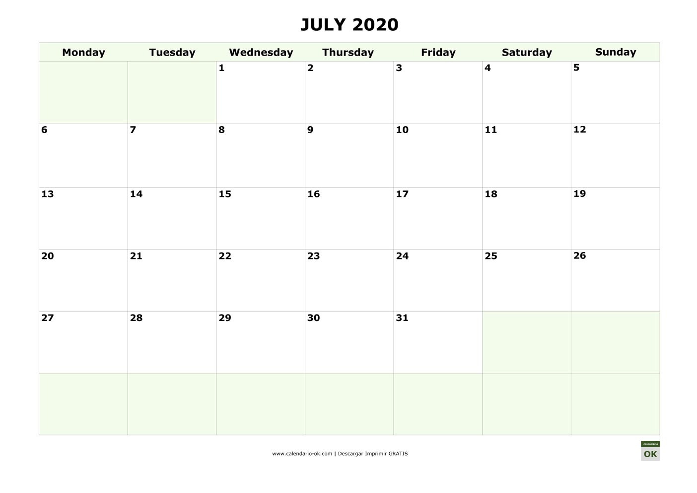 JULIO 2020 calendario en INGLES