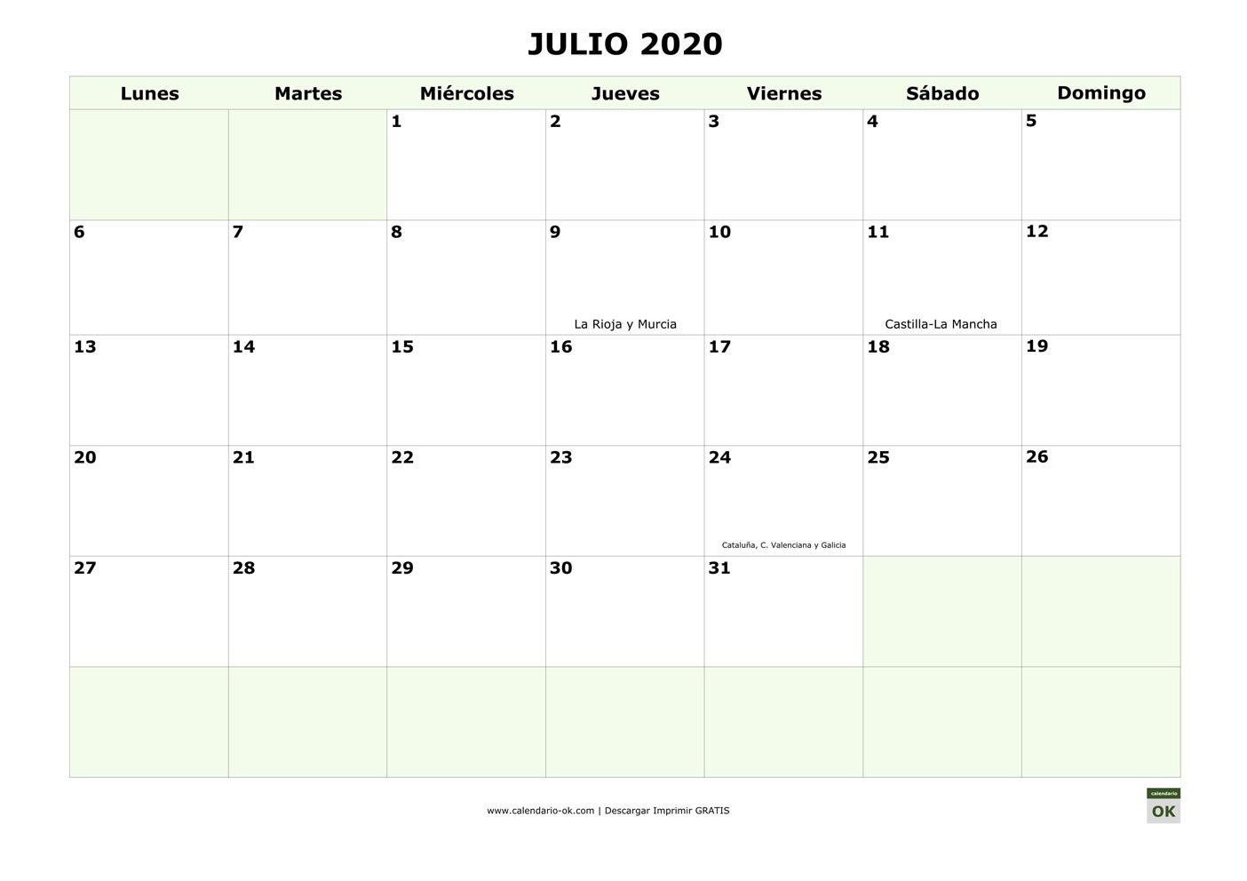 JULIO 2020 con días FESTIVOS DE COMUNIDADES AUTONOMAS