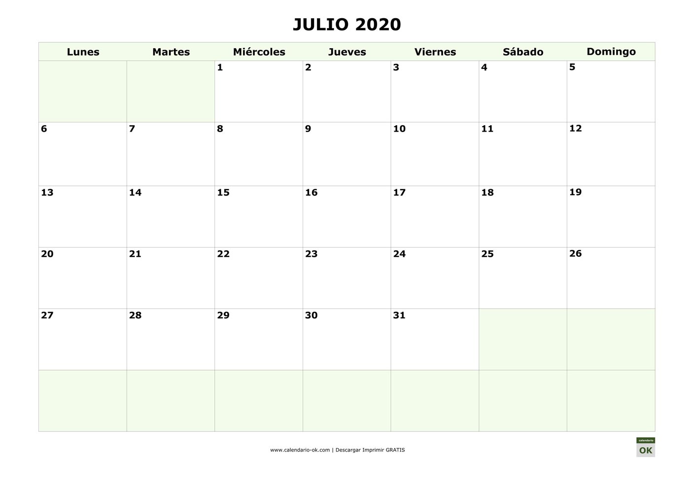 JULIO 2020 con días FESTIVOS NACIONALES
