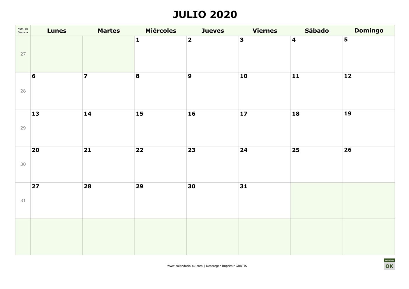 JULIO 2020 con Numero de Semana
