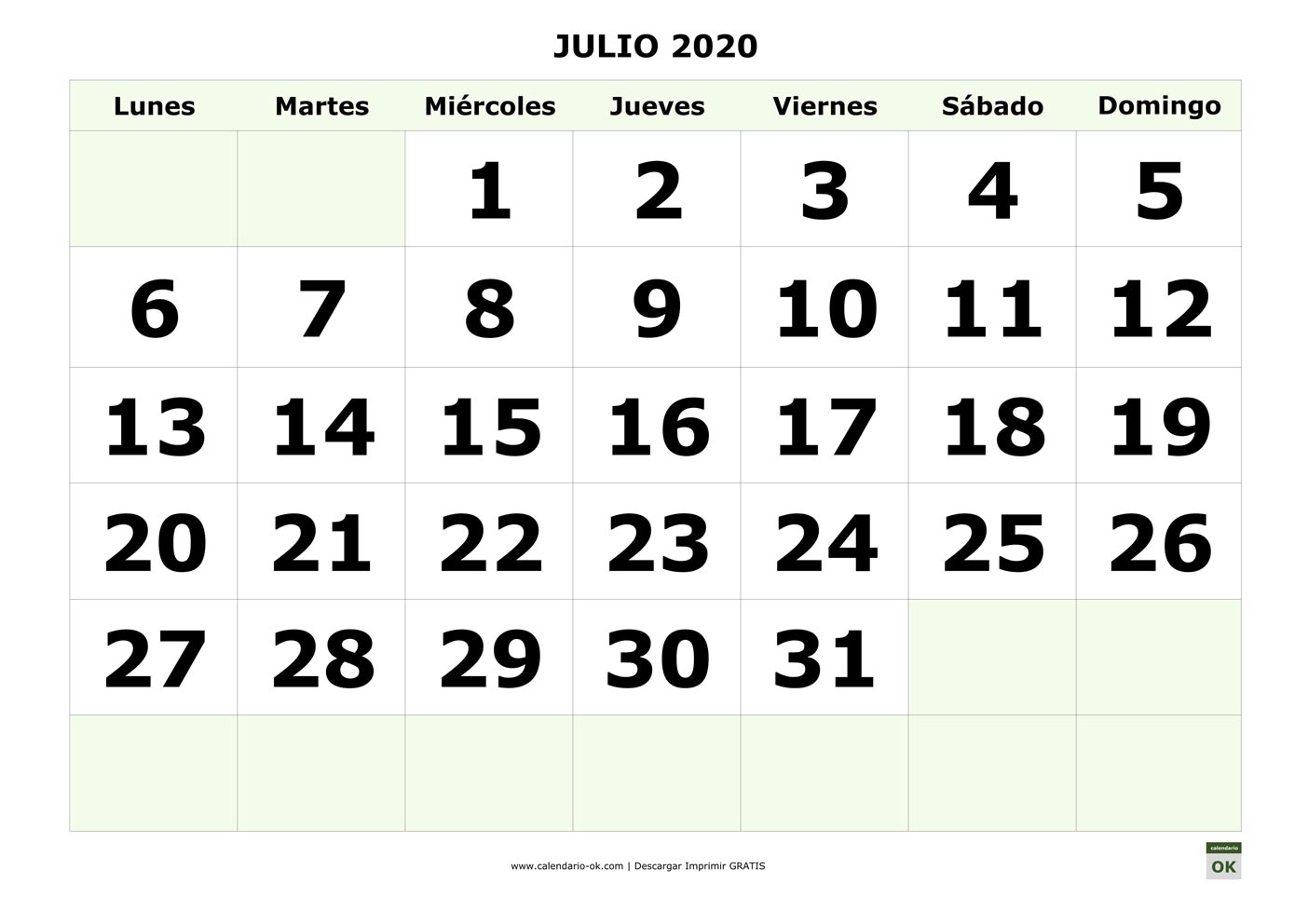 ▷ Plantilla Calendario 【JULIO 2020】 para IMPRIMIR PDF