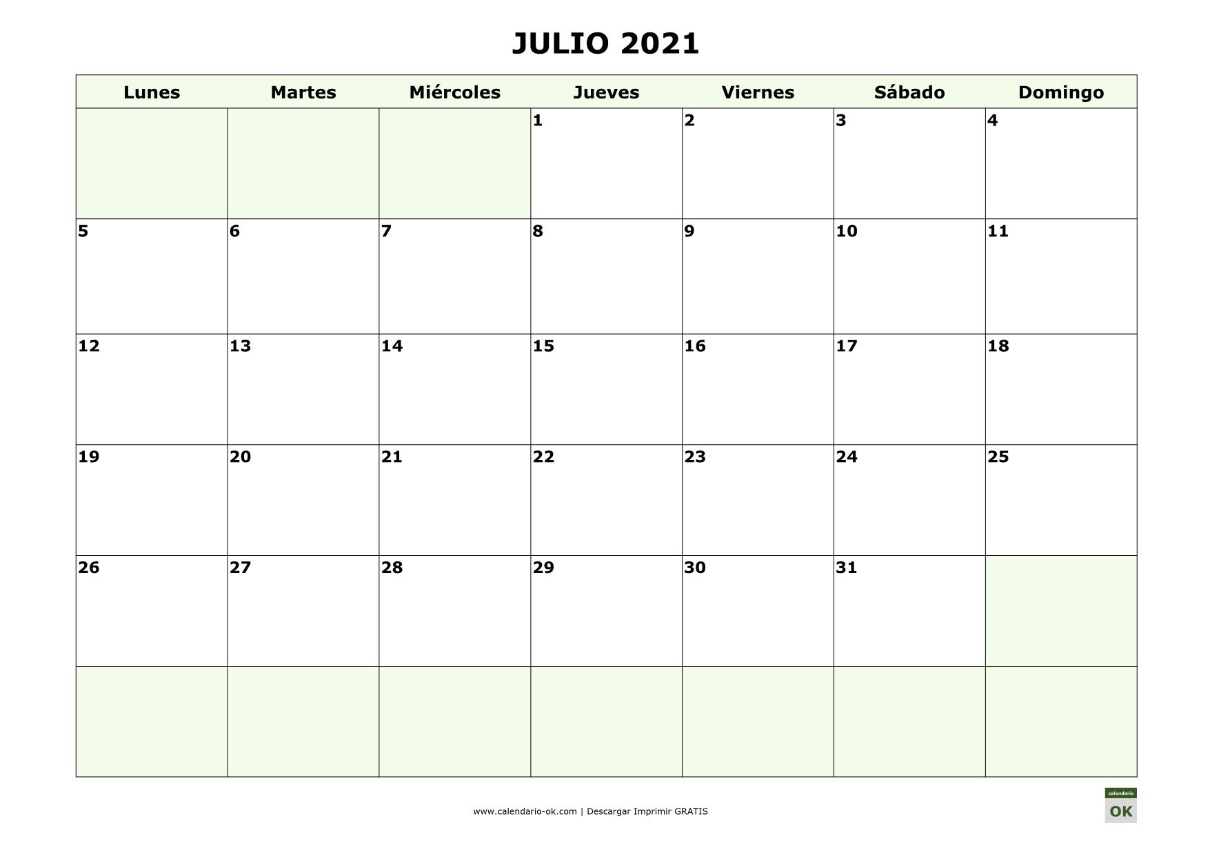 JULIO 2021 con días FESTIVOS NACIONALES