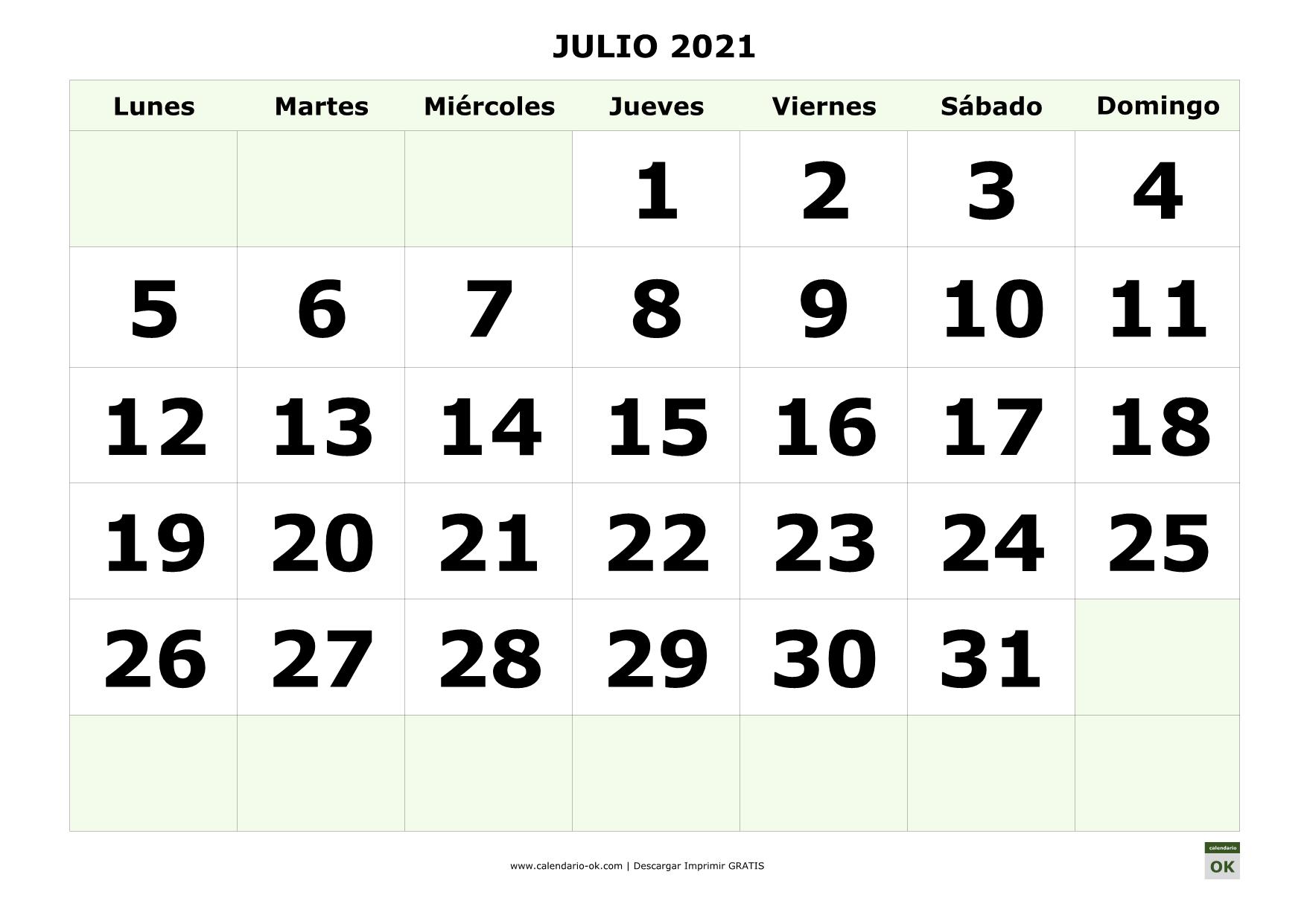 Mes De Julio Calendario ▷ Plantilla Calendario 【JULIO 2021】 para IMPRIMIR PDF