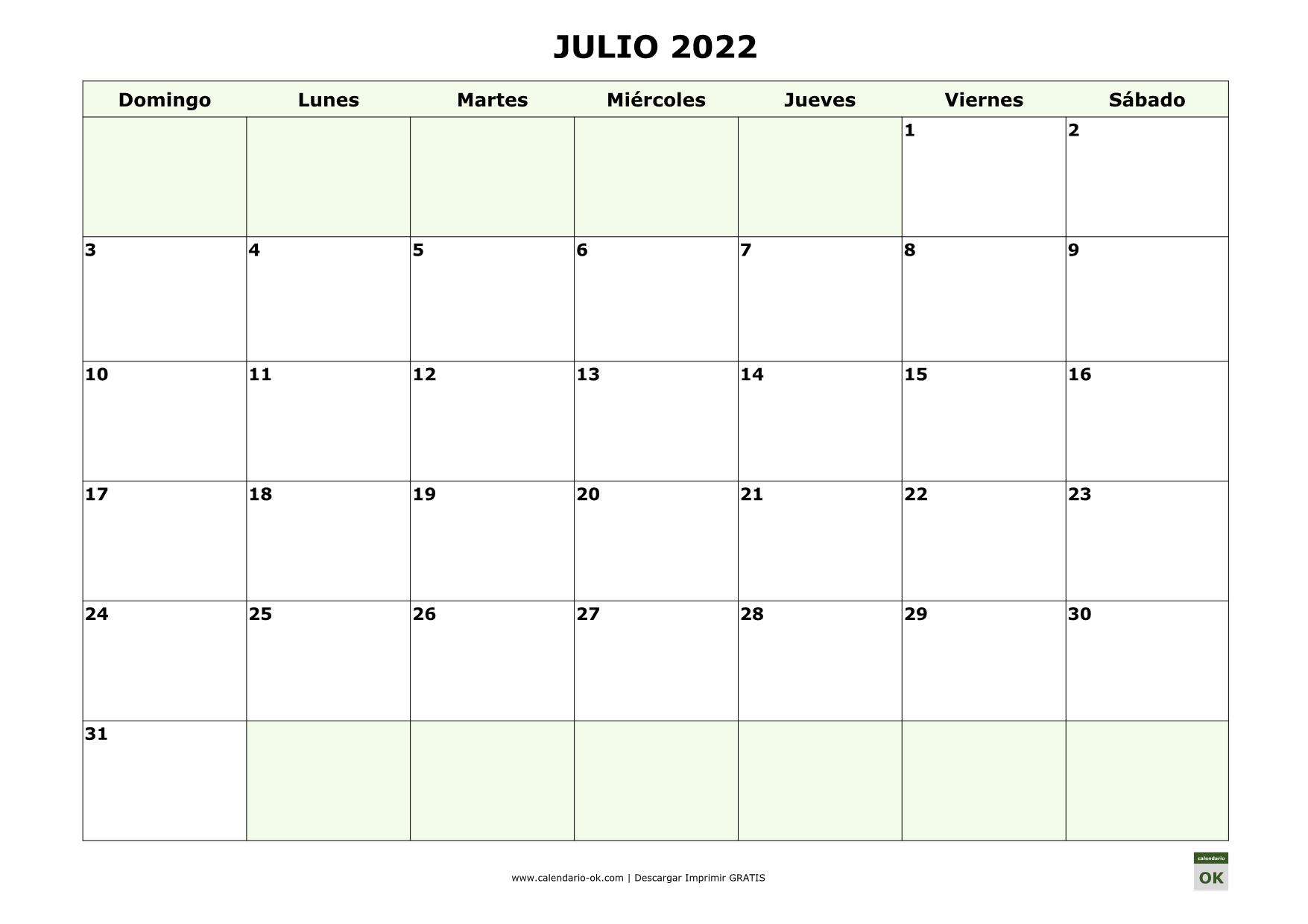 JULIO 2022 empieza por DOMINGO