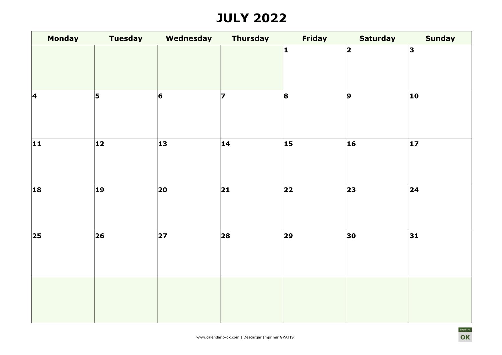 JULIO 2022 calendario en INGLES