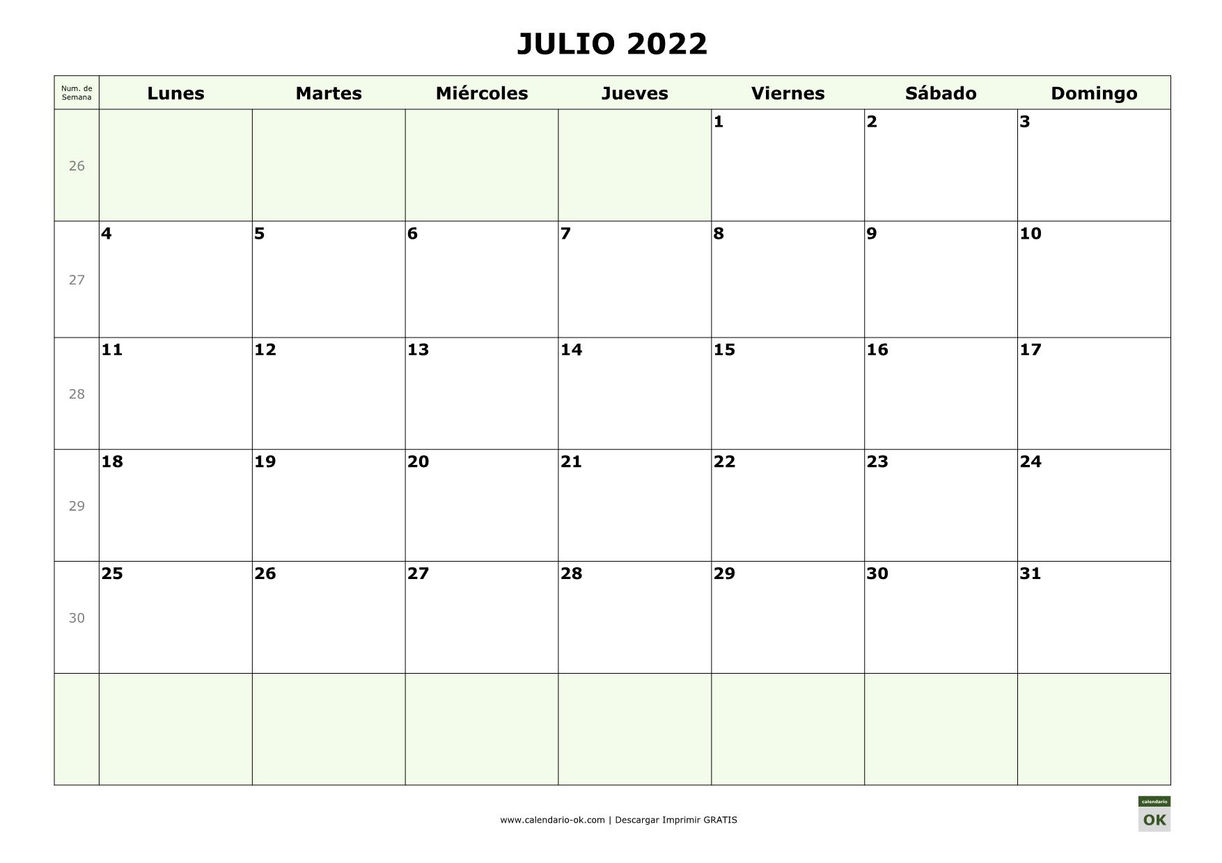 JULIO 2022 con Numero de Semana