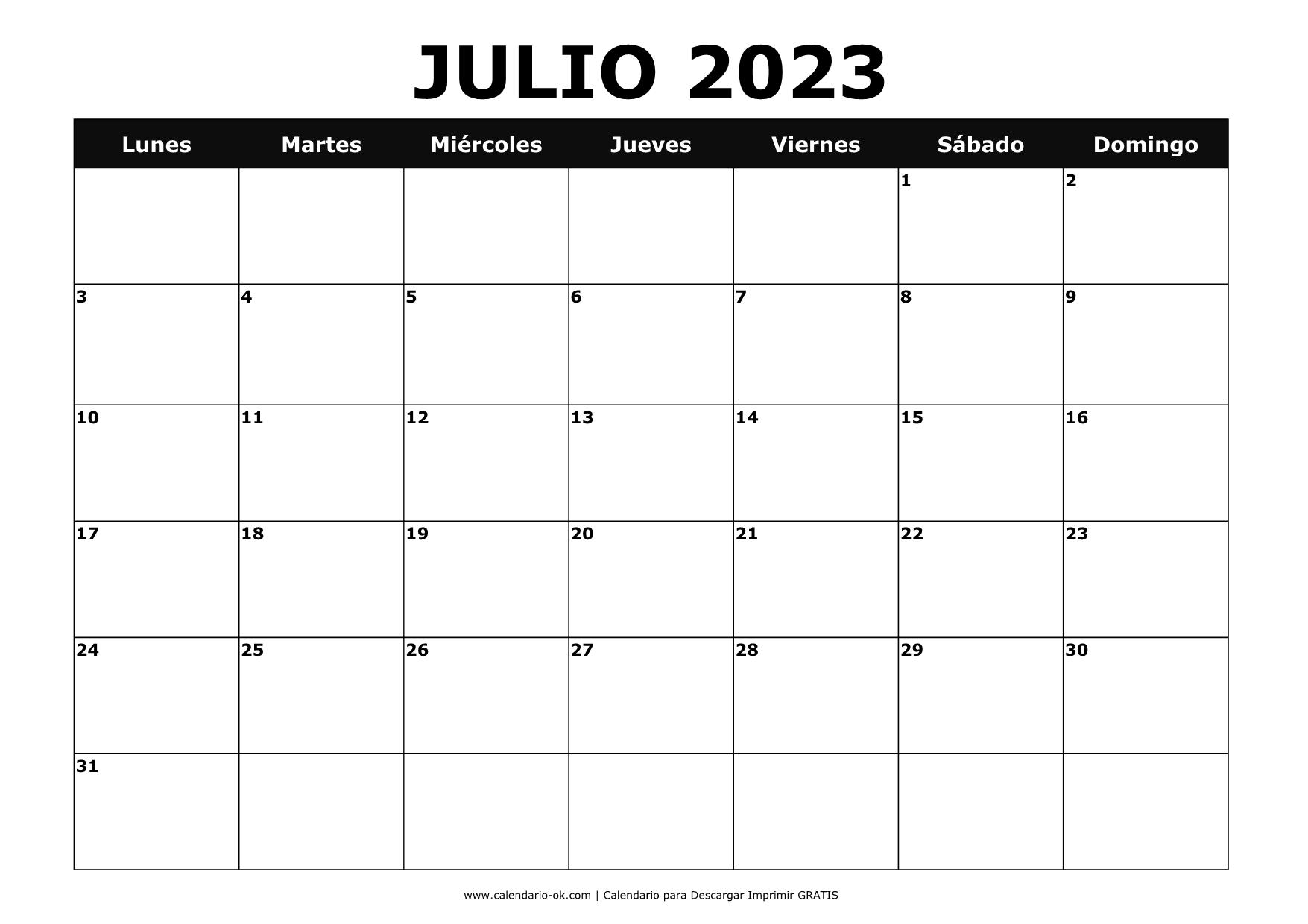 Mes De Julio 2023 ▷ Plantilla Calendario 【JULIO 2022】 para IMPRIMIR PDF