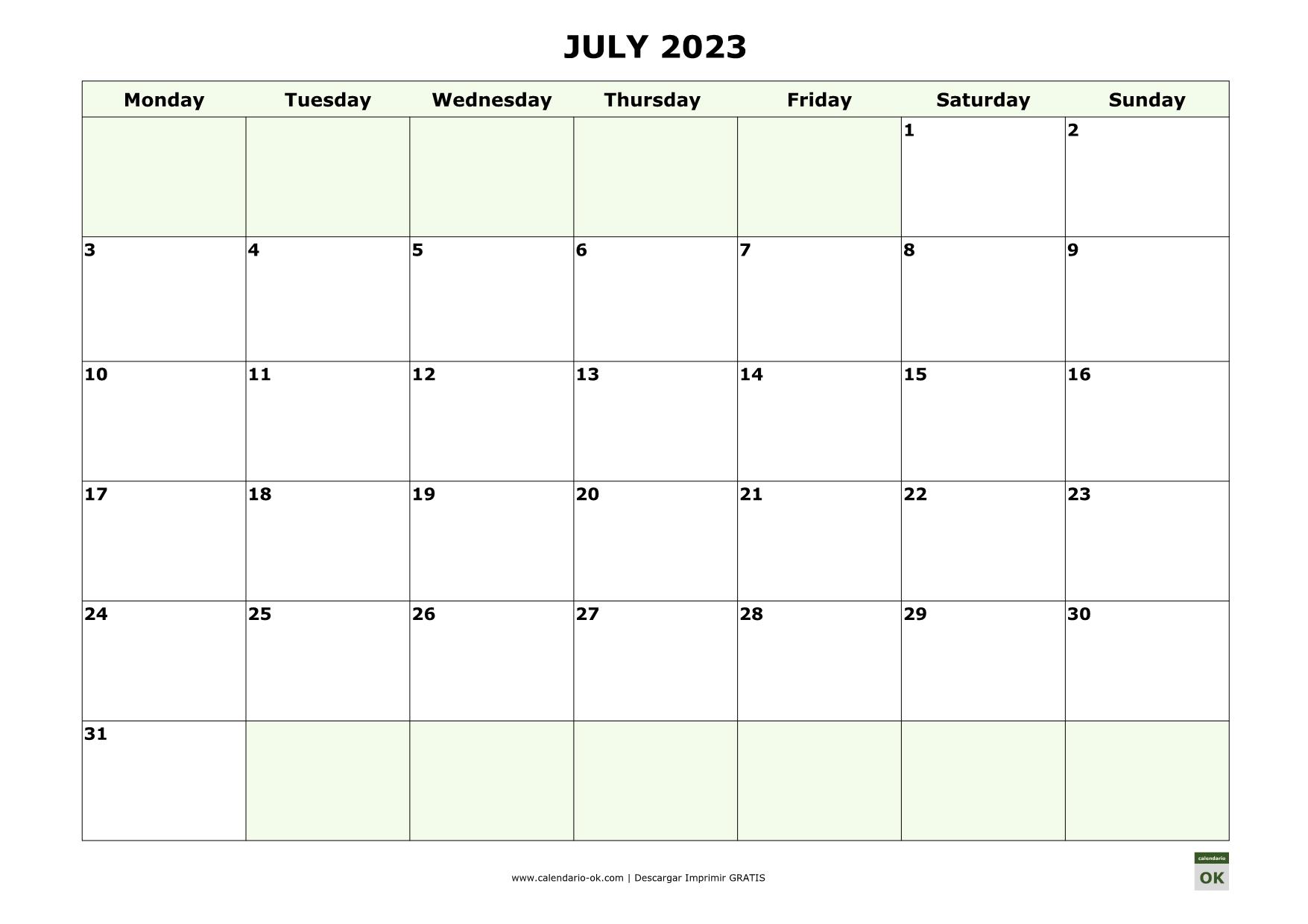 JULIO 2023 calendario en INGLES