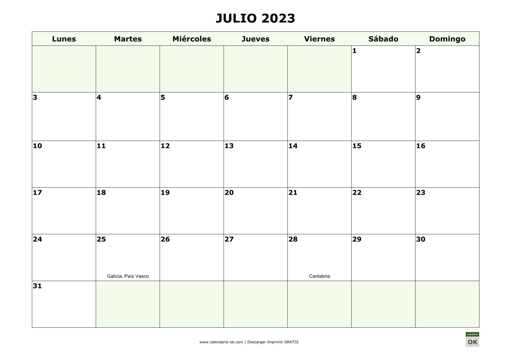 Mes De Julio 2023 ▷ Plantilla Calendario 【JULIO 2022】 para IMPRIMIR PDF