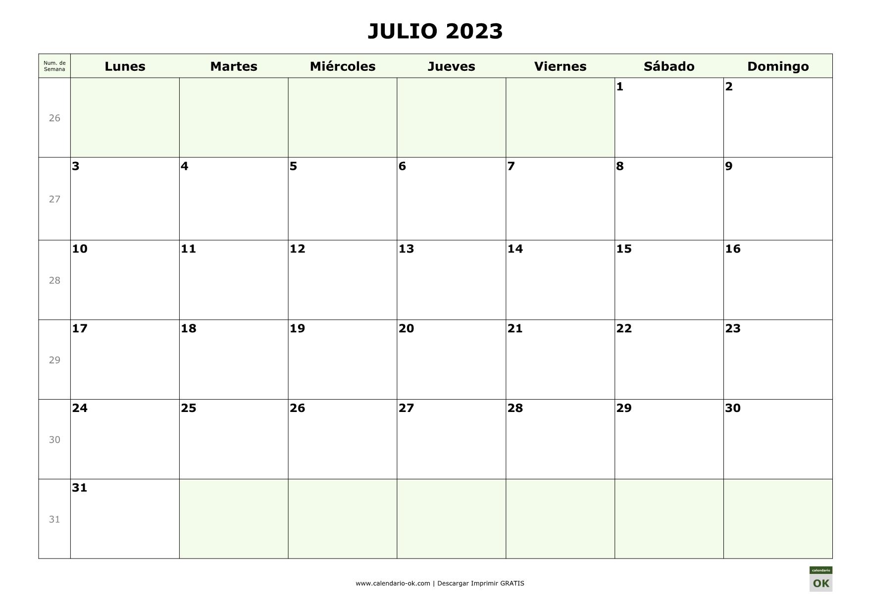 JULIO 2023 con Numero de Semana