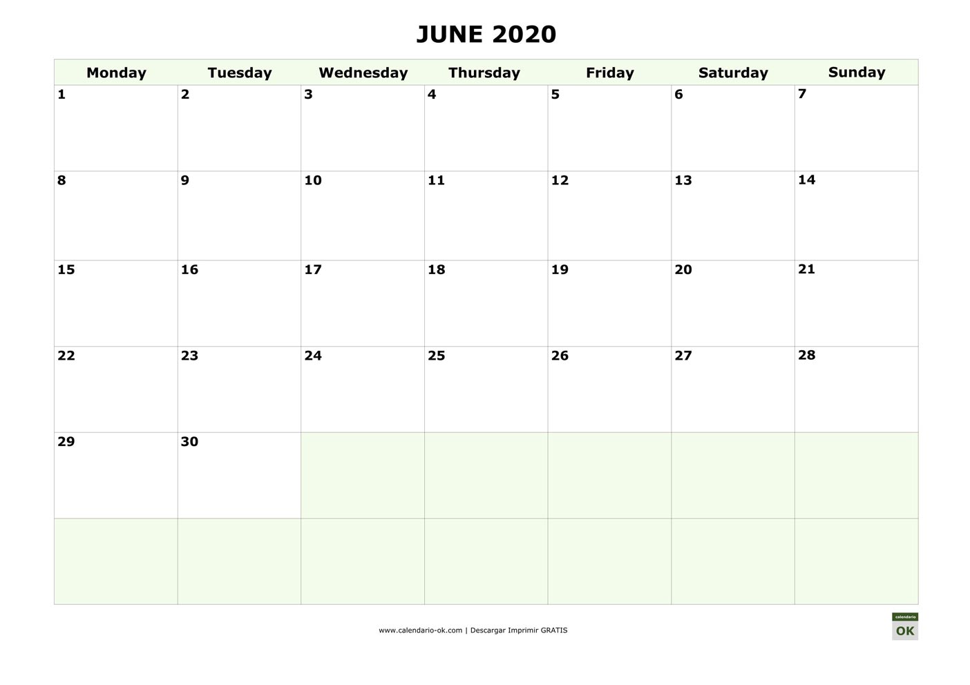 JUNIO 2020 calendario en INGLES