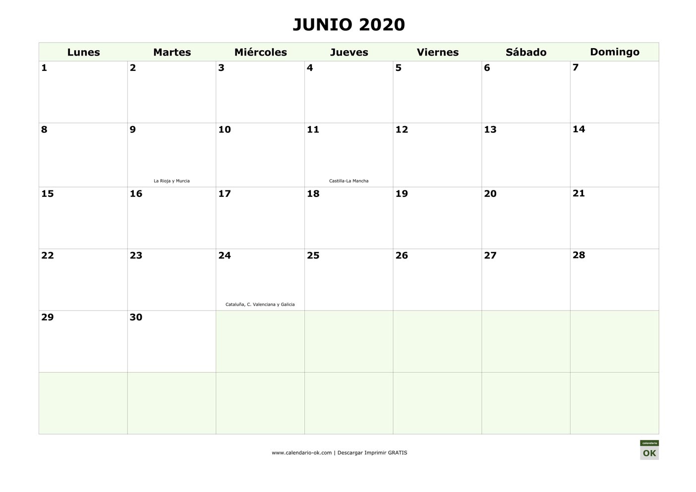 JUNIO 2020 con días FESTIVOS DE COMUNIDADES AUTONOMAS