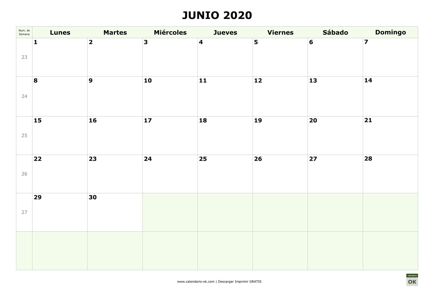 JUNIO 2020 con Numero de Semana