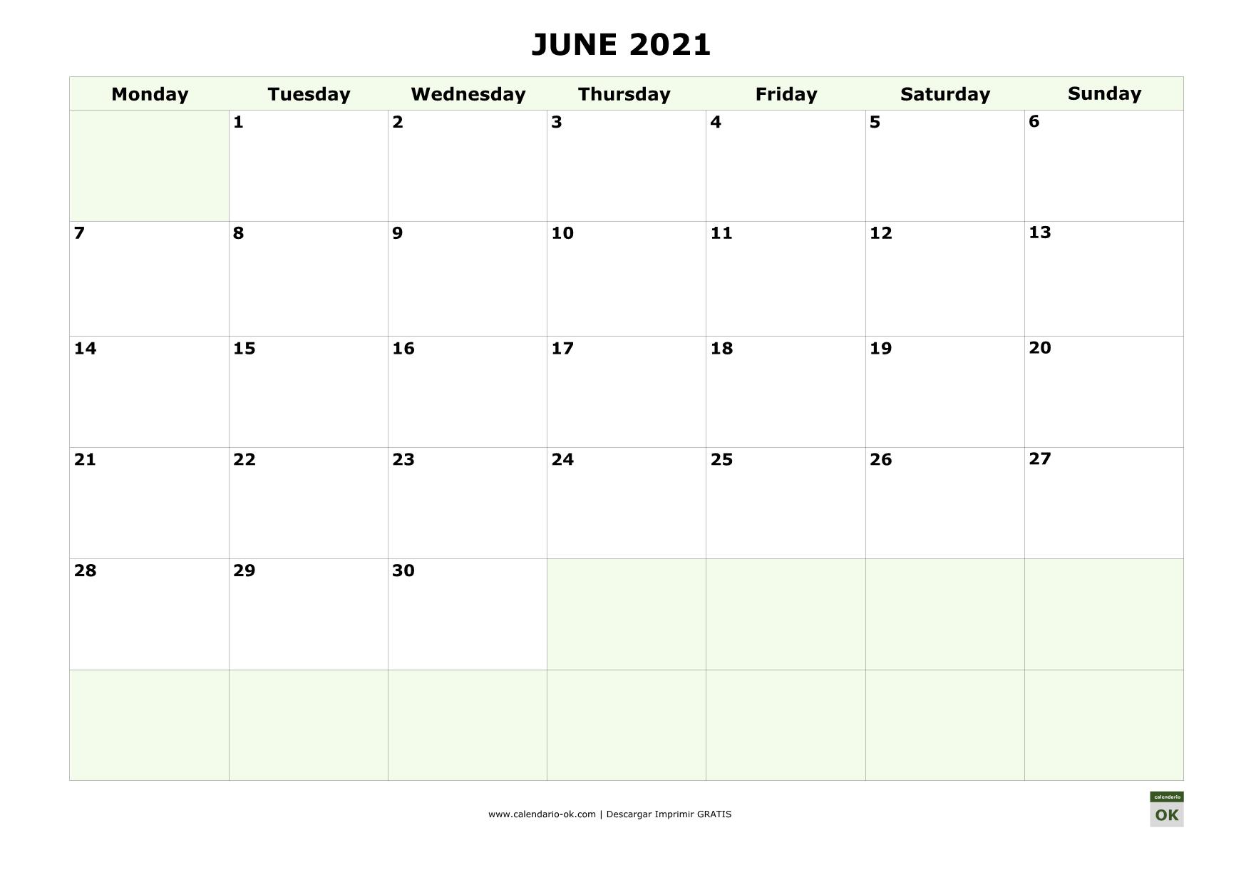 JUNIO 2021 calendario en INGLES