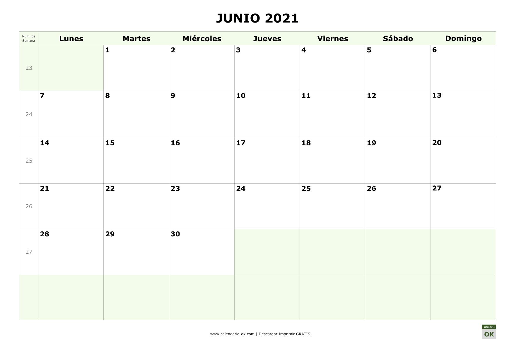 CALENDARIO 【JUNIO 2021】 para IMPRIMIR en PDF GRATIS ️