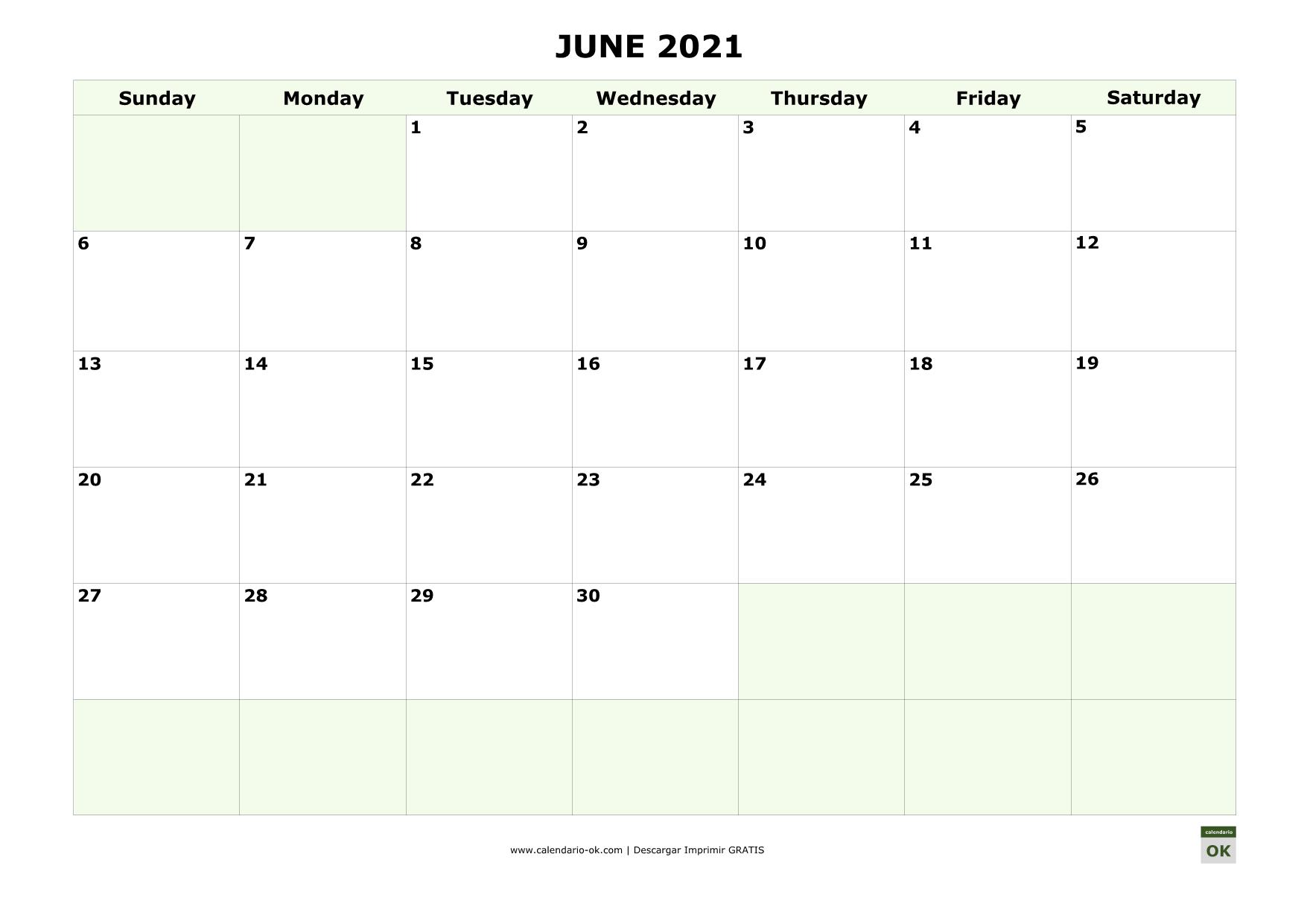 JUNIO 2021 calendario en INGLES empieza por DOMINGO