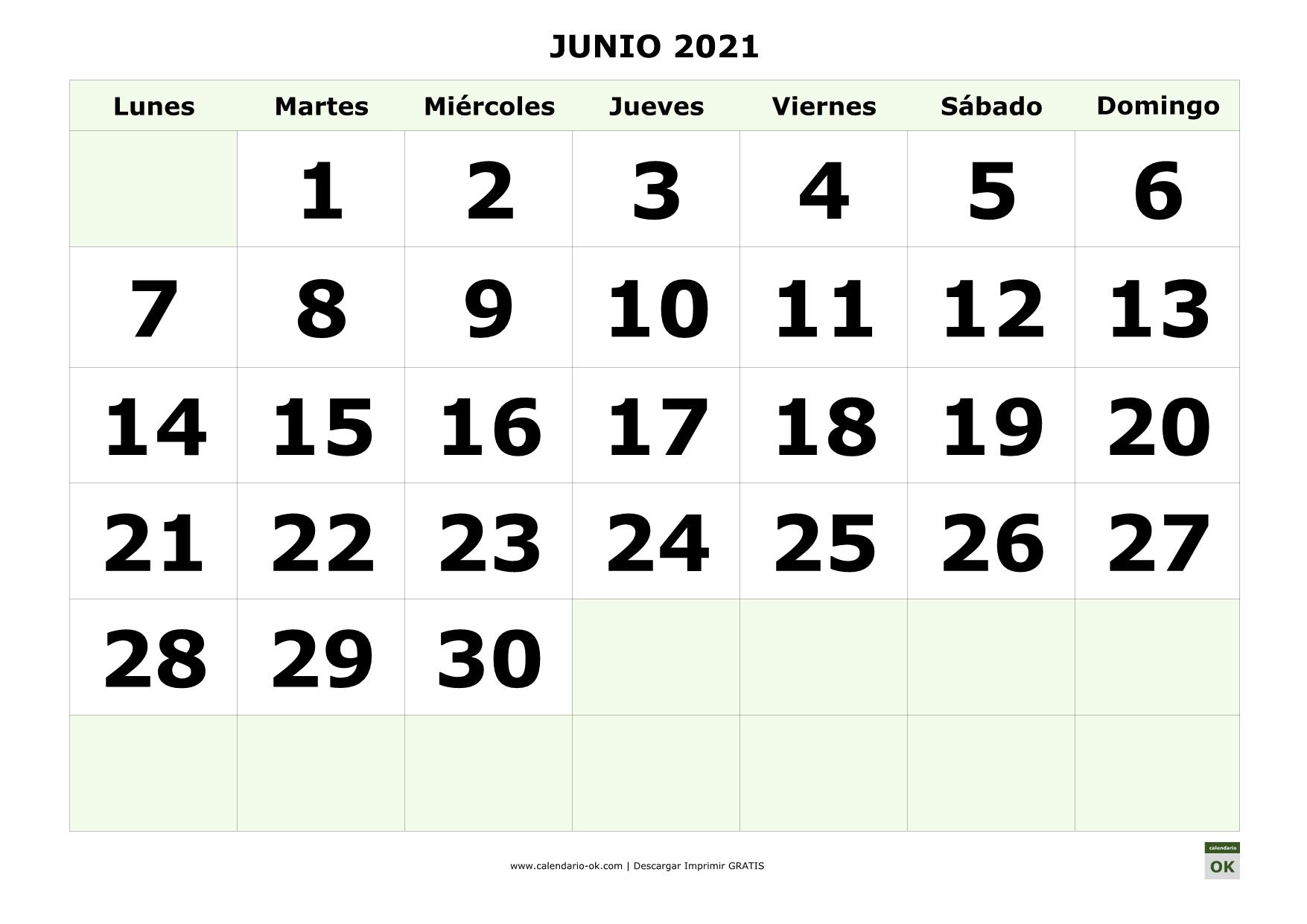 Calendario Mes De Junio ▷ CALENDARIO 【JUNIO 2021】 para IMPRIMIR en PDF GRATIS ❤️