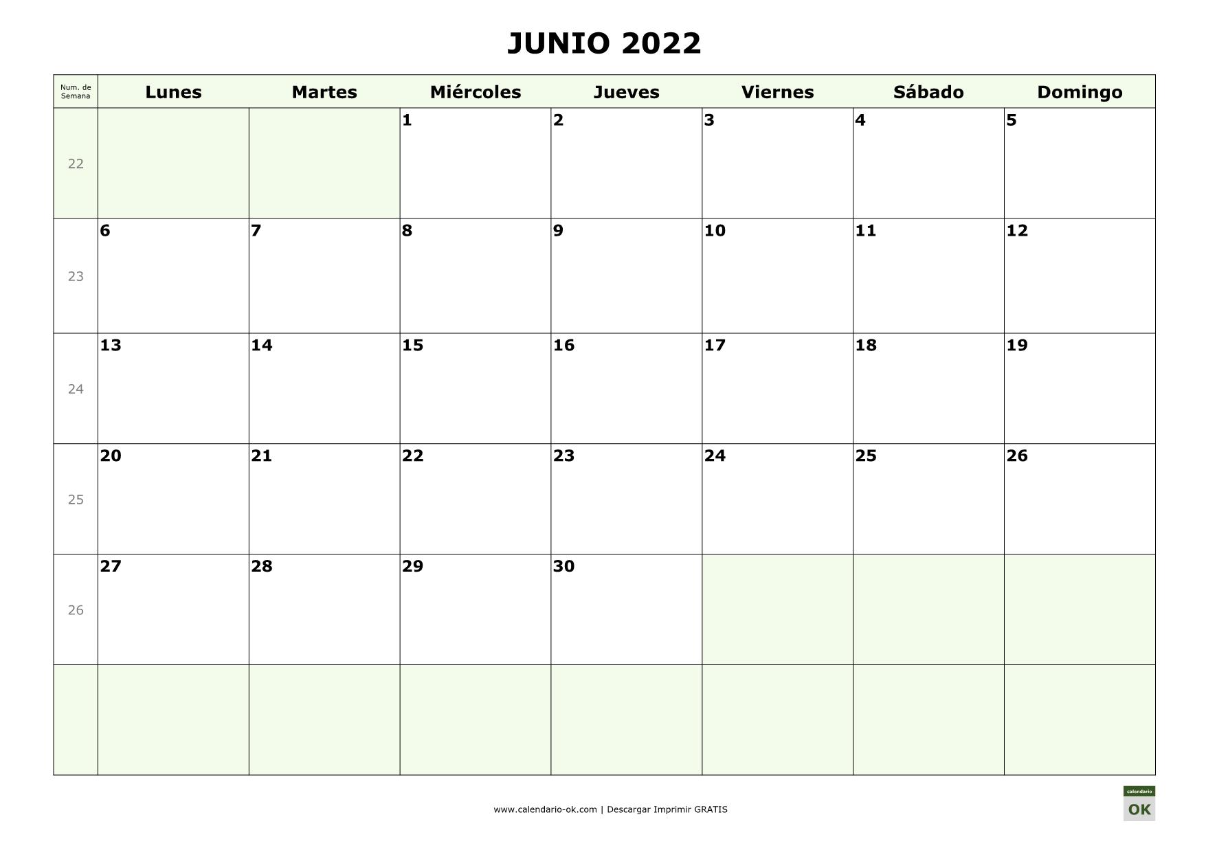 JUNIO 2022 con Numero de Semana