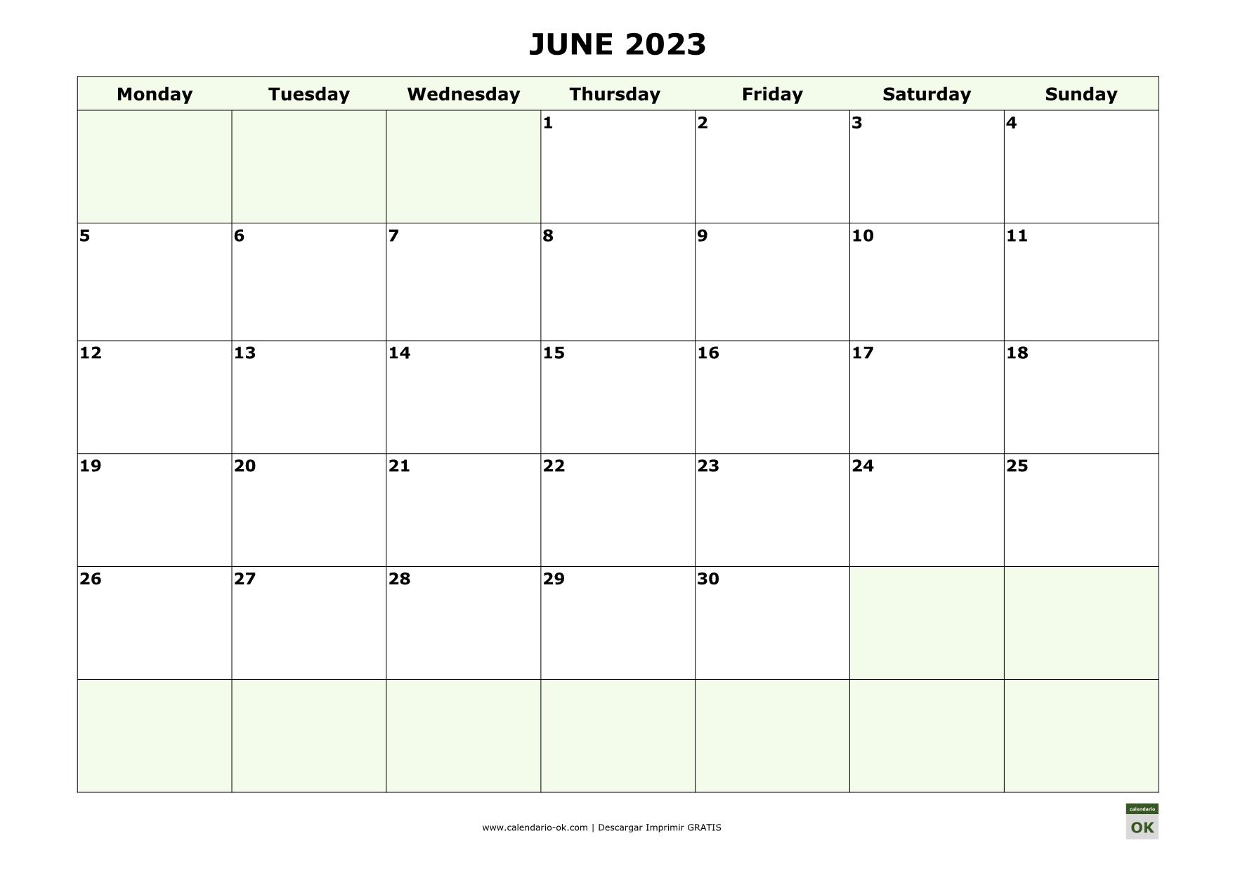 JUNIO 2023 calendario en INGLES