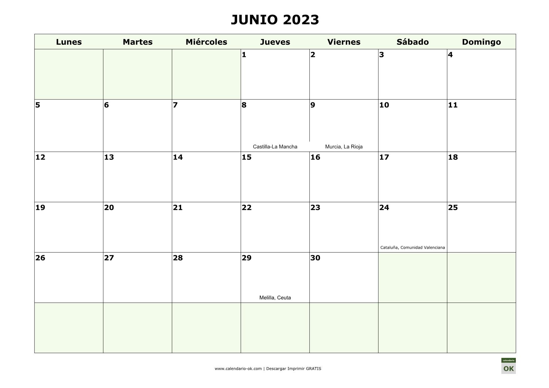 JUNIO 2023 con días FESTIVOS DE COMUNIDADES AUTONOMAS