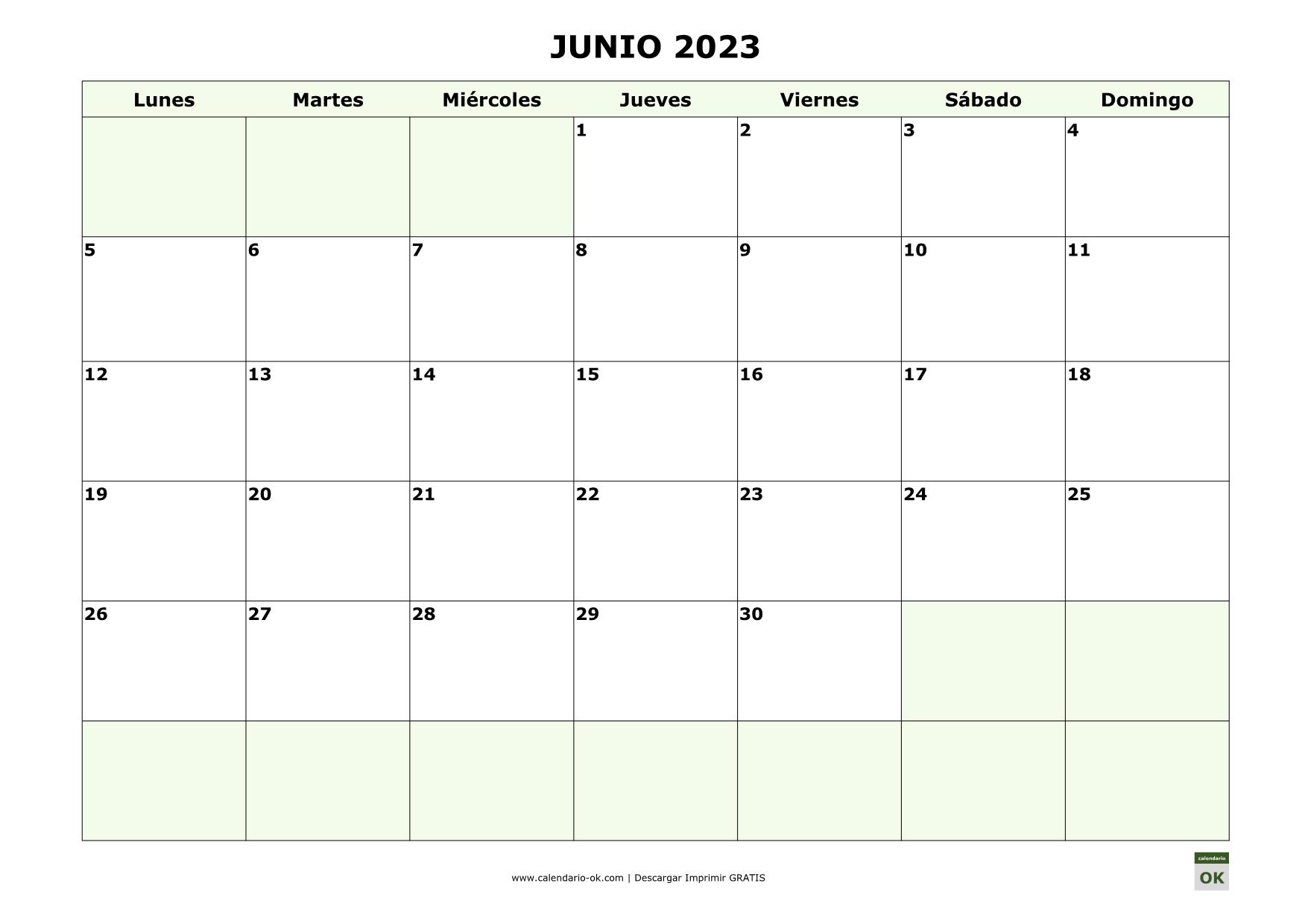 JUNIO 2023 con días FESTIVOS NACIONALES