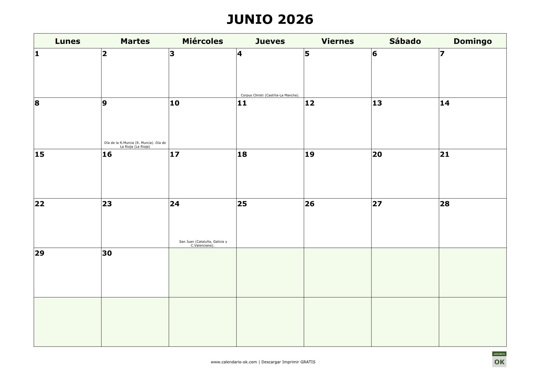Calendario junio 2026 con días festivos de las Comunidades Autónomas para imprimir en A4