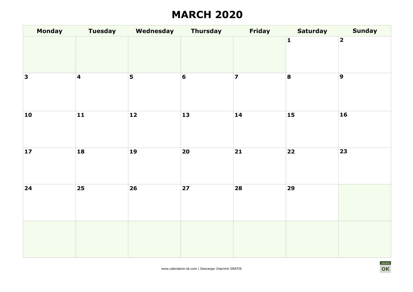 MARZO 2020 calendario en INGLES