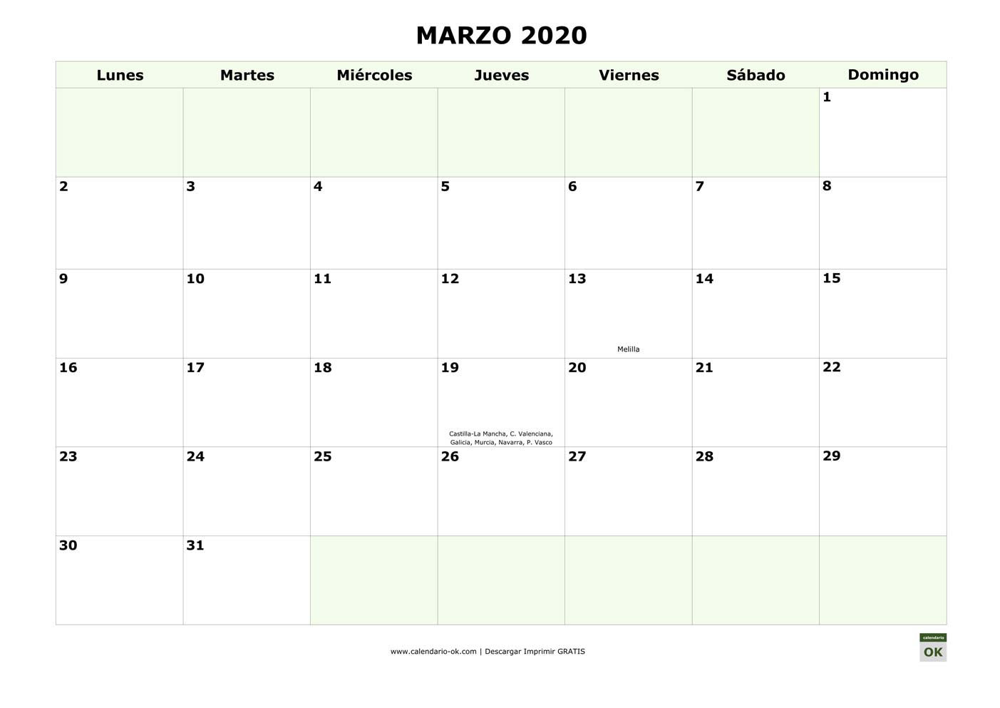 MARZO 2020 con días FESTIVOS DE COMUNIDADES AUTONOMAS