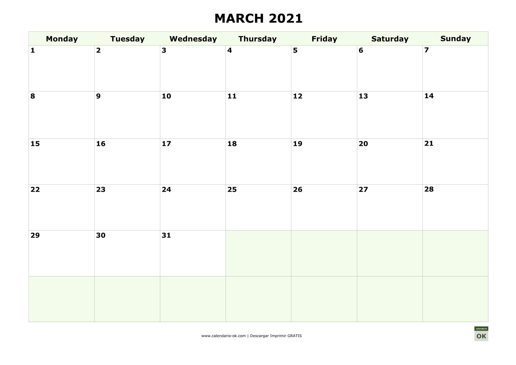 MARZO 2021 calendario en INGLES