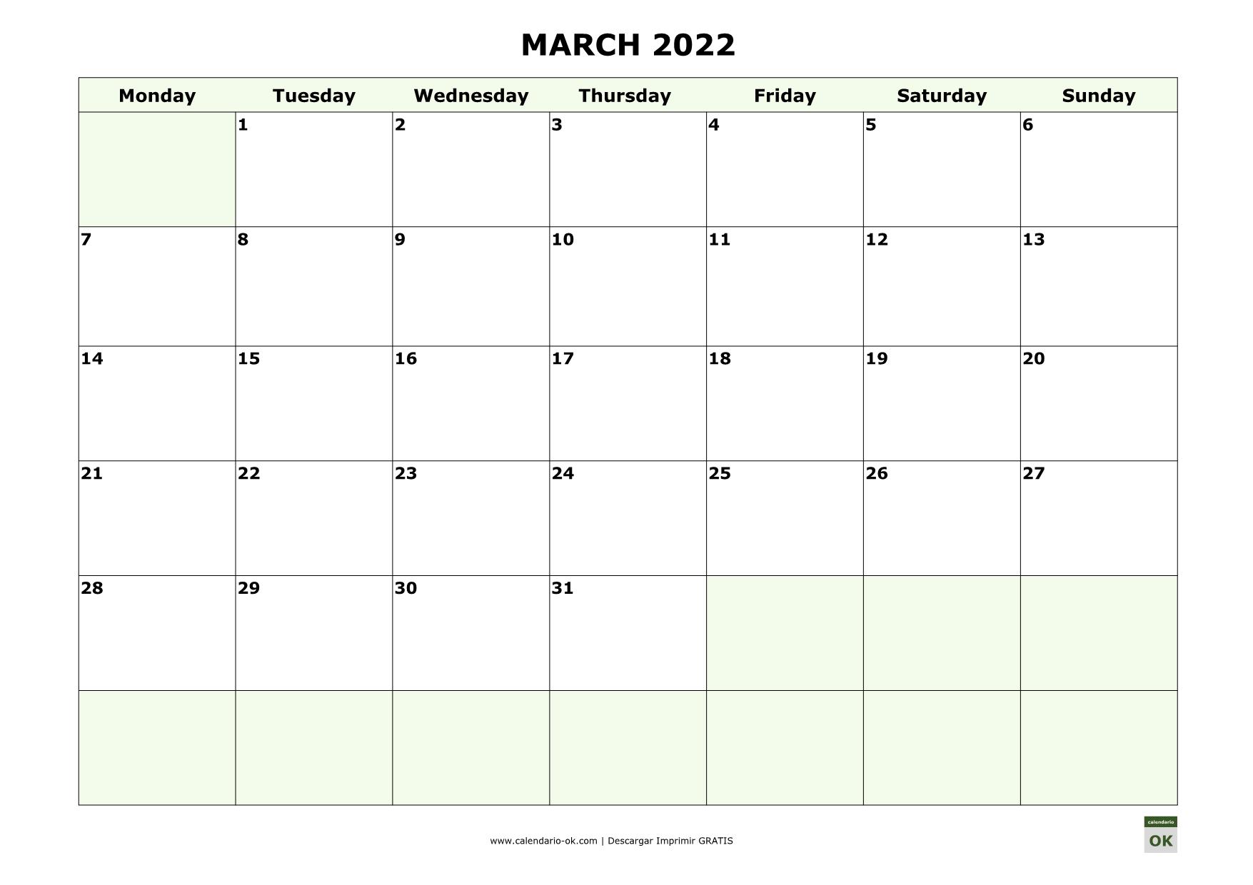 MARZO 2022 calendario en INGLES