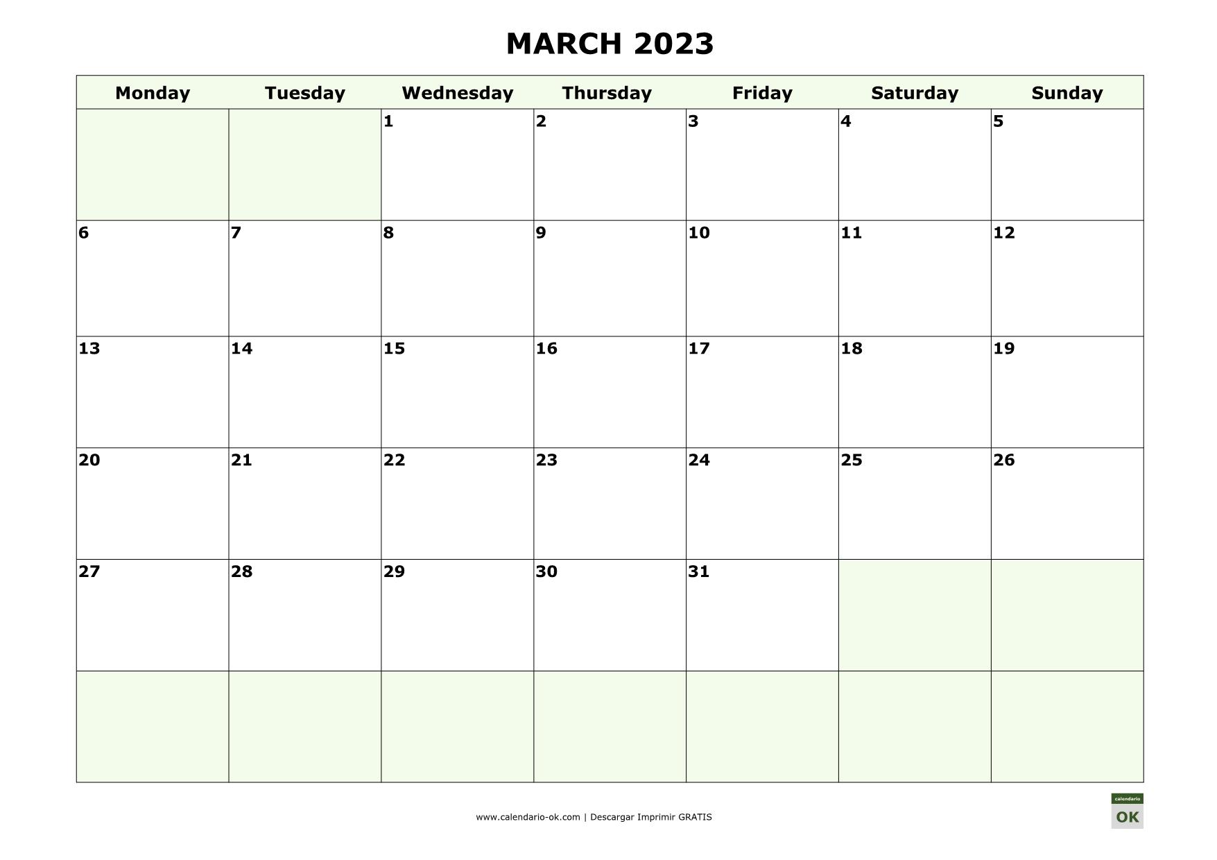 MARZO 2023 calendario en INGLES