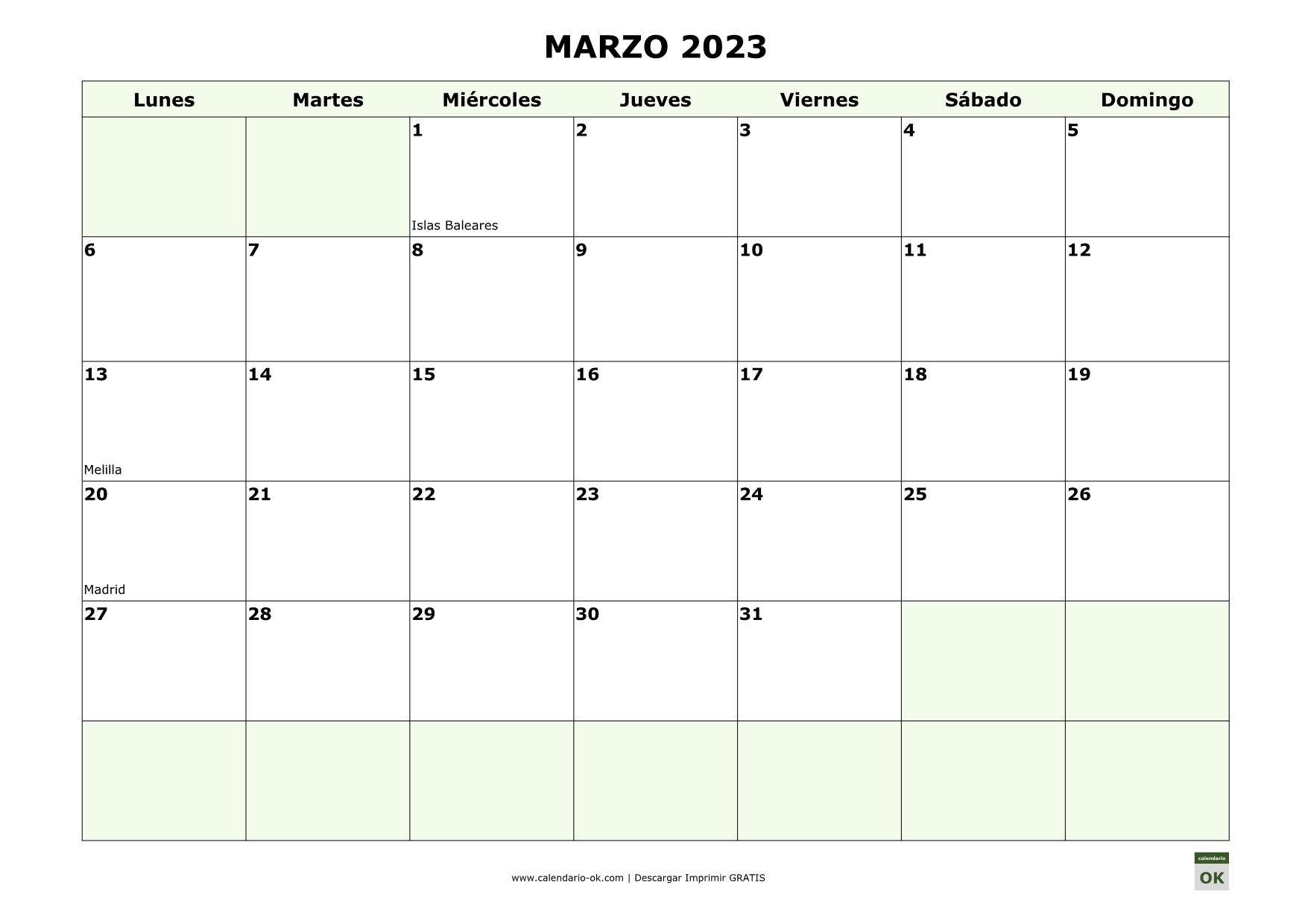 MARZO 2023 con días FESTIVOS DE COMUNIDADES AUTONOMAS