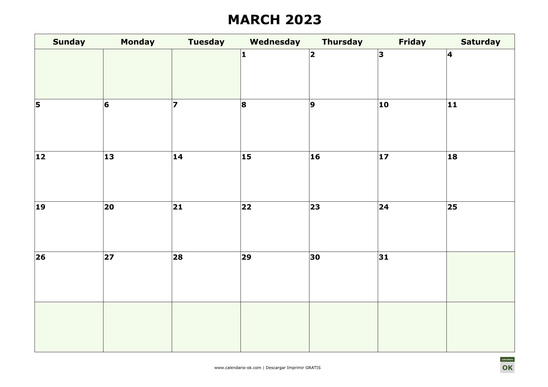 Mes De Marzo 2023 ▷ Plantilla Calendario 【MARZO 2023】 para IMPRIMIR PDF