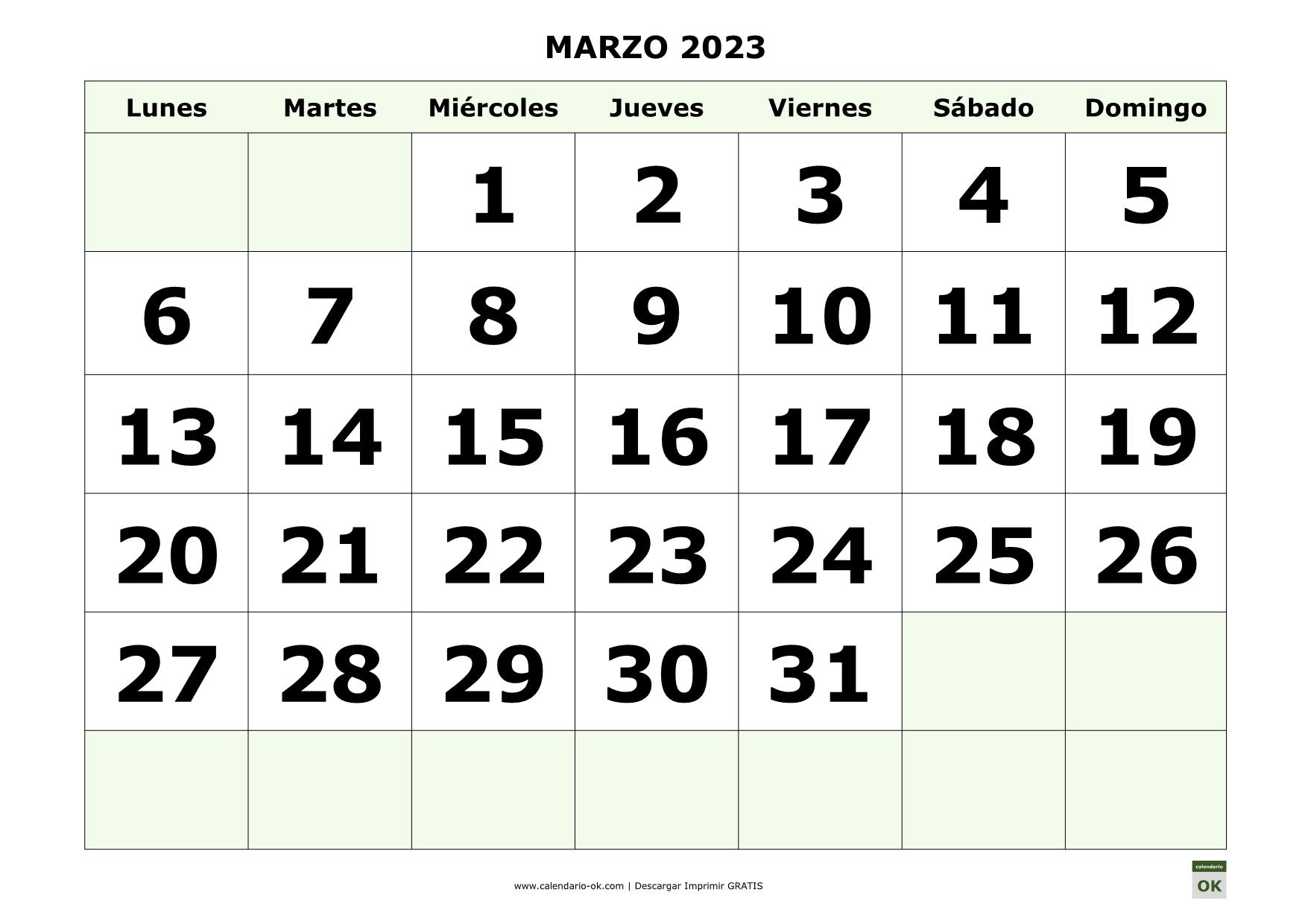 Calendario Mes De Marzo ▷ Plantilla Calendario 【MARZO 2023】 para IMPRIMIR PDF