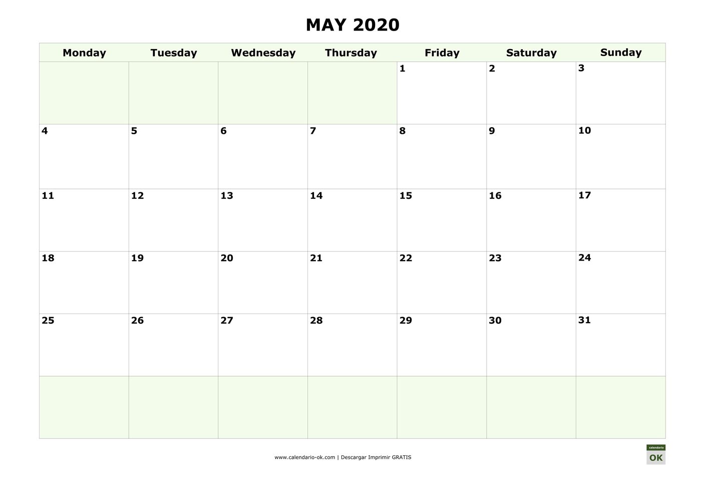 MAYO 2020 calendario en INGLES