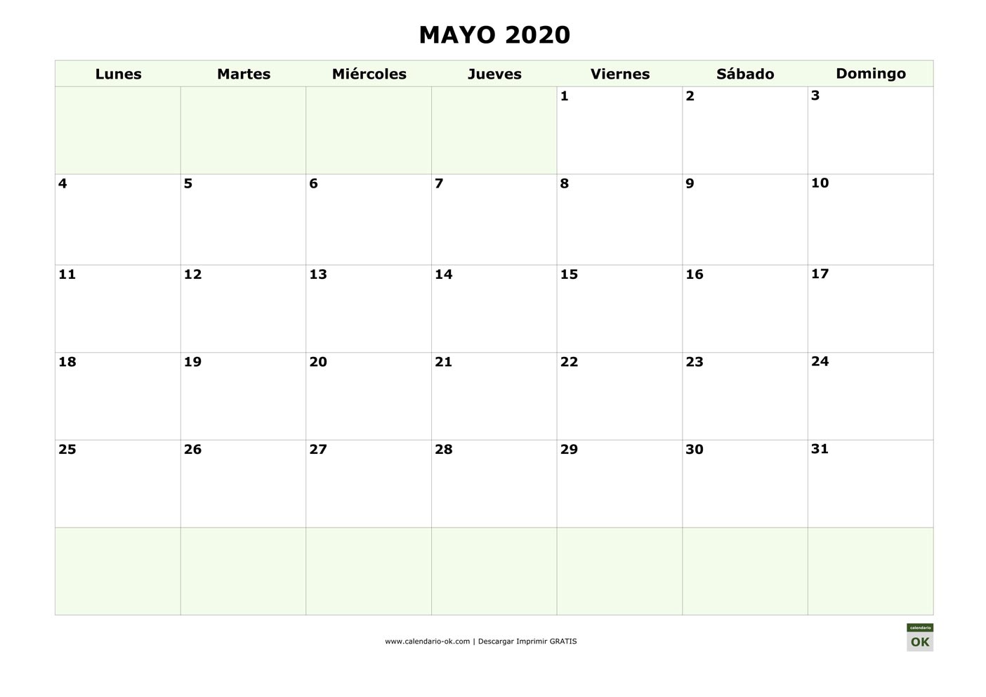 Calendario Mayo 2020 Mensual Calendario 2020 Imprimible