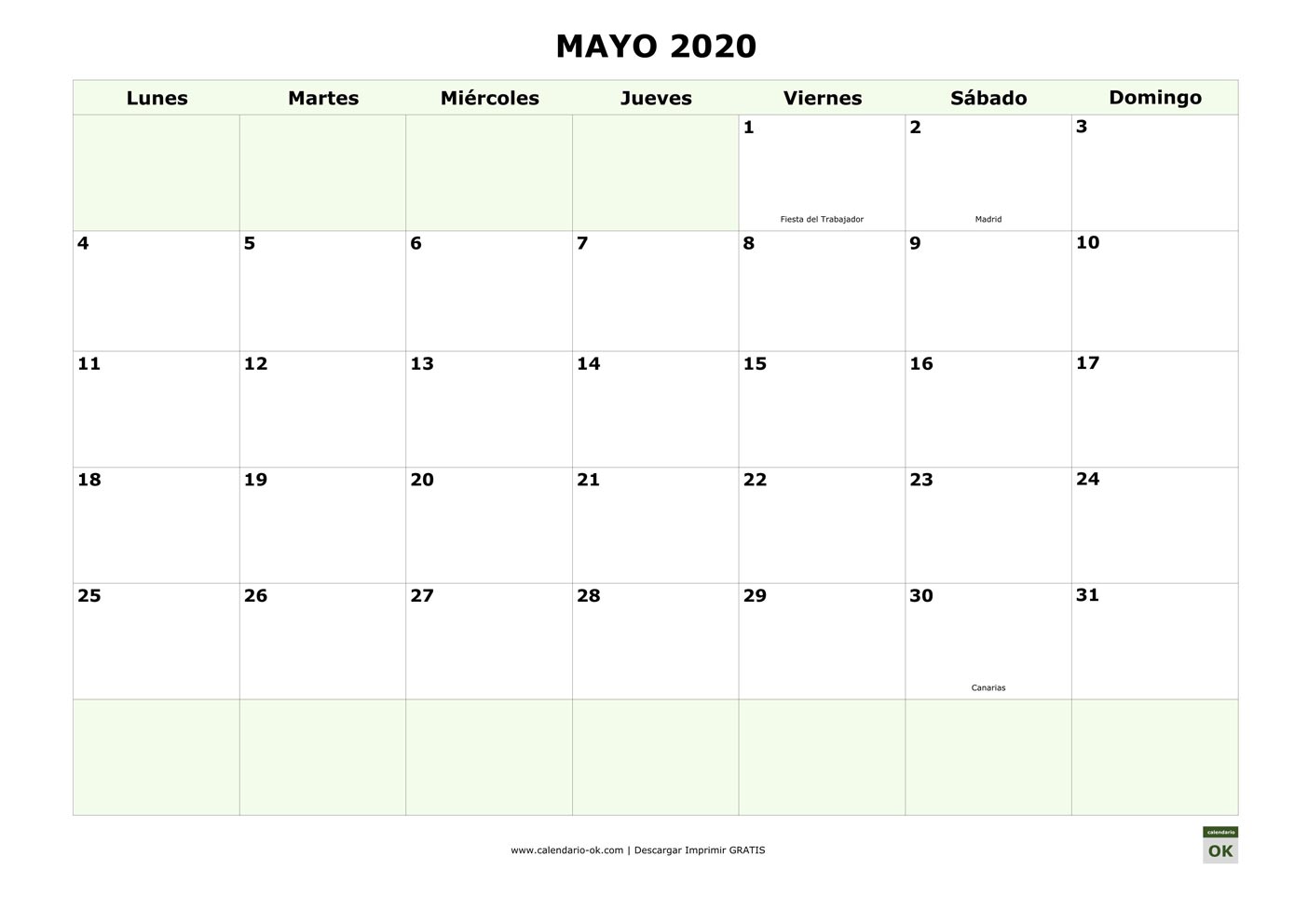 MAYO 2020 con días FESTIVOS DE COMUNIDADES AUTONOMAS